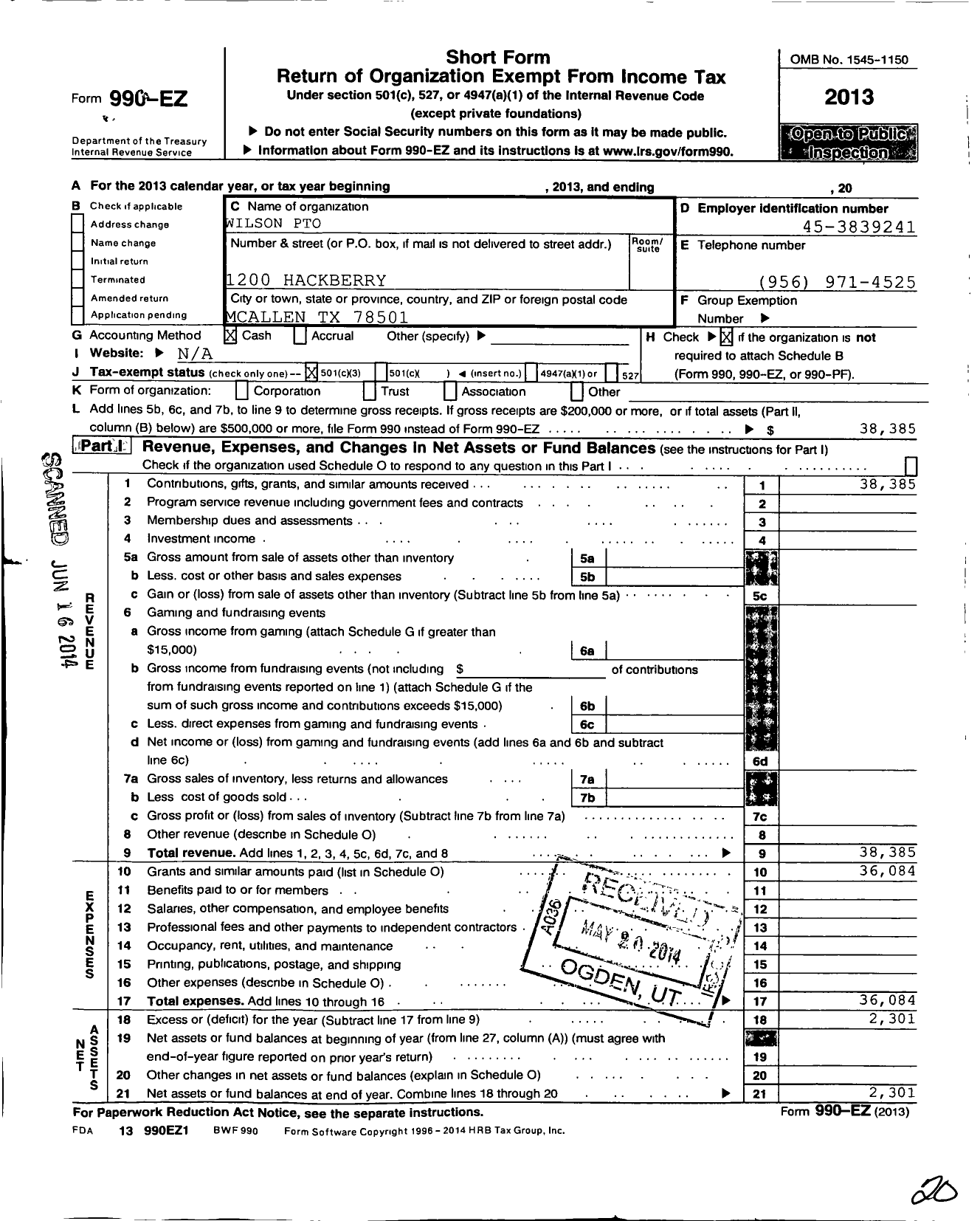 Image of first page of 2013 Form 990EZ for Pto Wilson