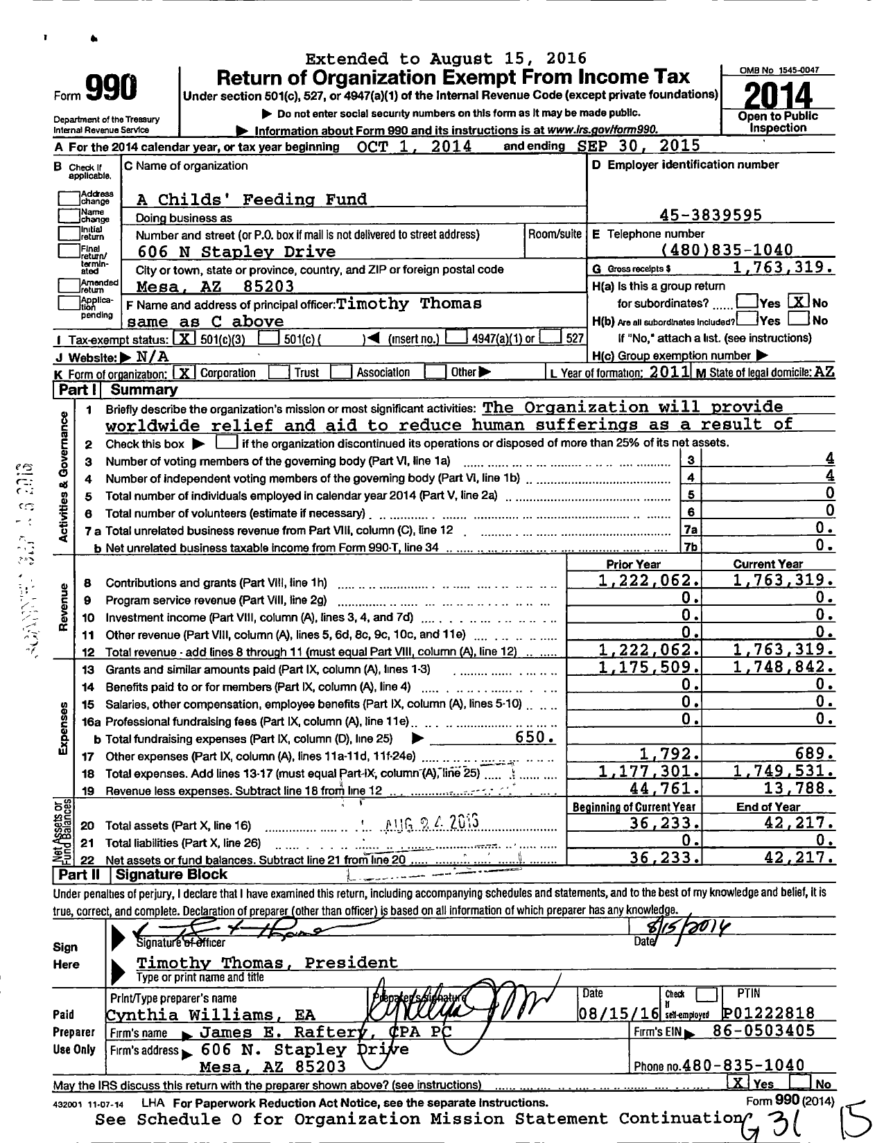 Image of first page of 2014 Form 990 for A Childs Feeding Fund