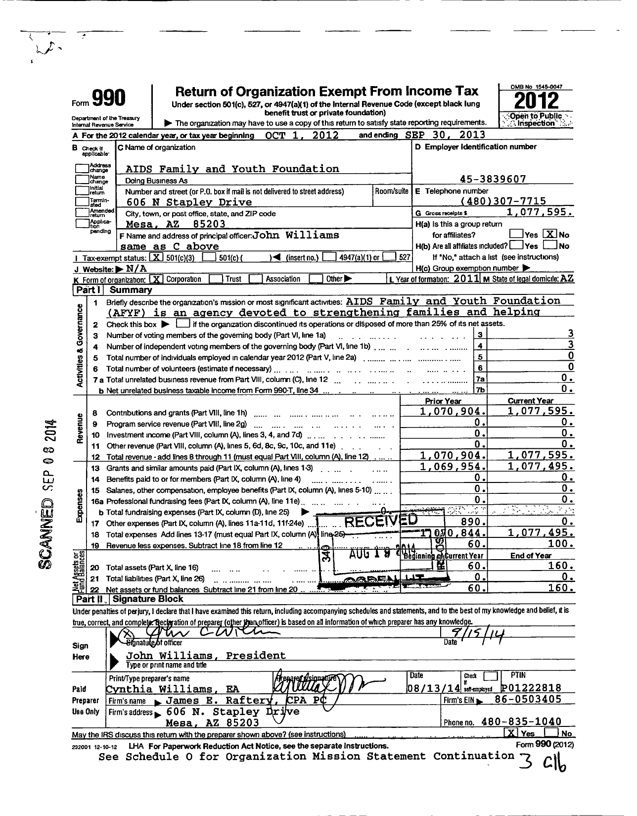 Image of first page of 2012 Form 990 for Aids Family and Youth Foundation