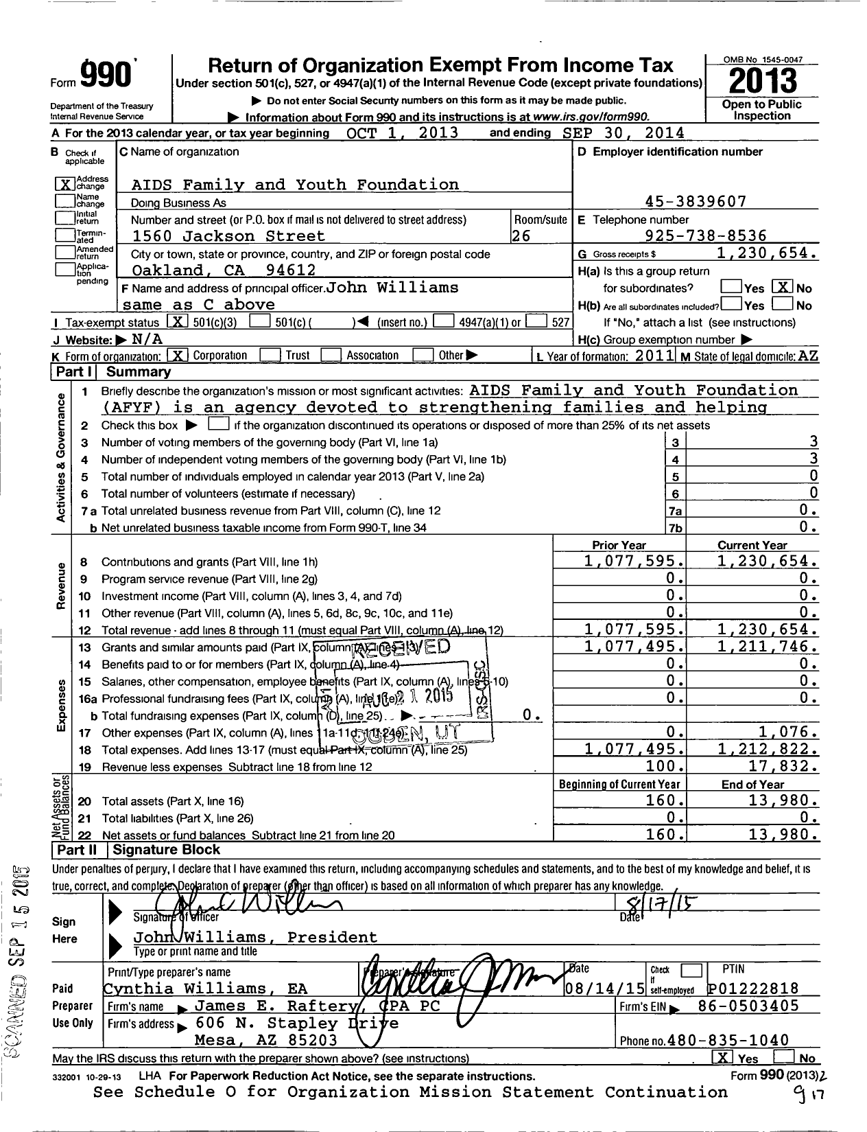 Image of first page of 2013 Form 990 for Aids Family and Youth Foundation