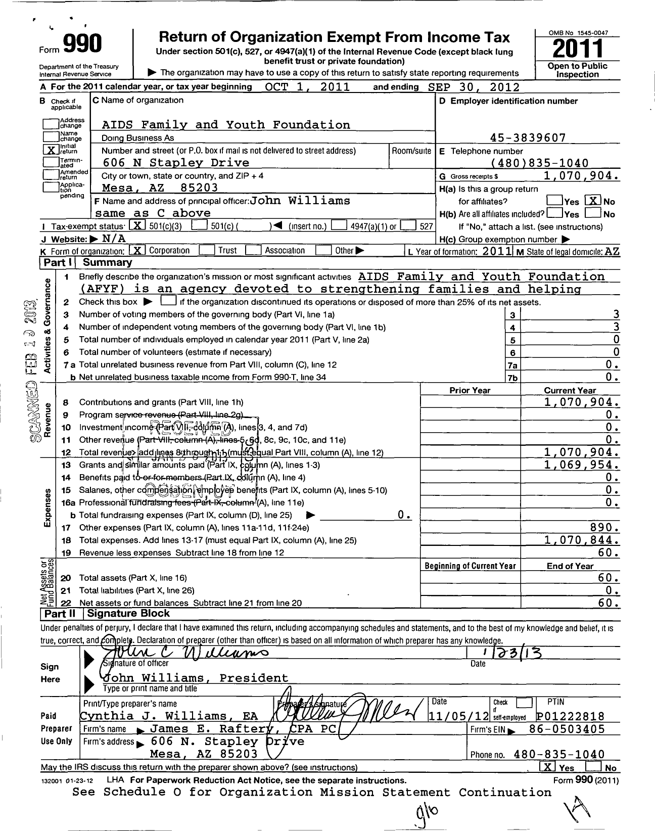 Image of first page of 2011 Form 990 for Aids Family and Youth Foundation