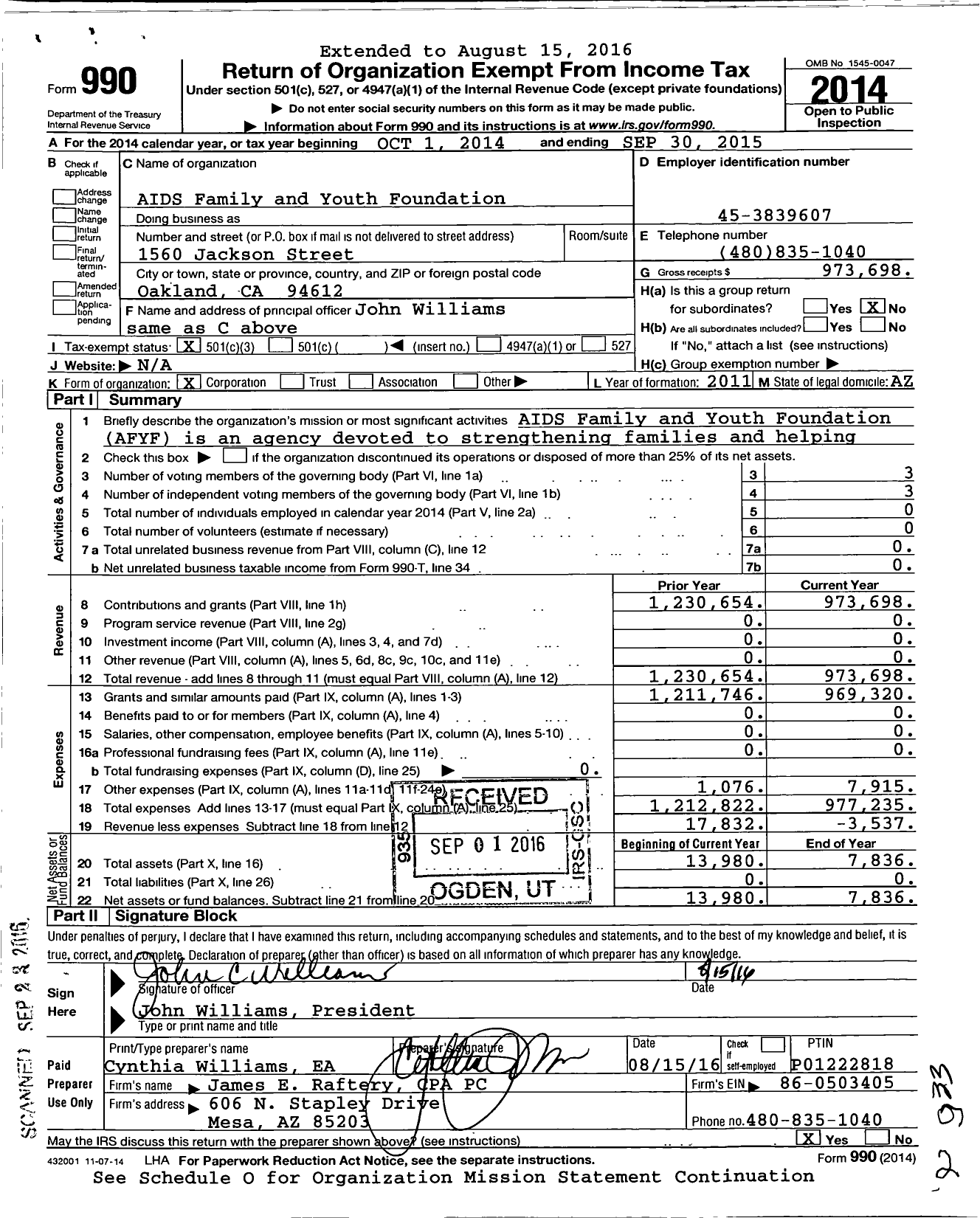 Image of first page of 2014 Form 990 for Aids Family and Youth Foundation