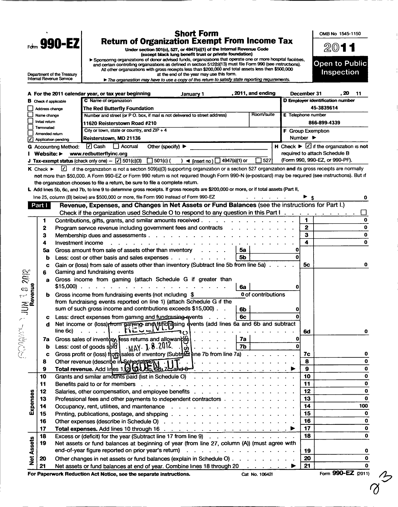 Image of first page of 2011 Form 990EZ for Red Butterfly Foundation