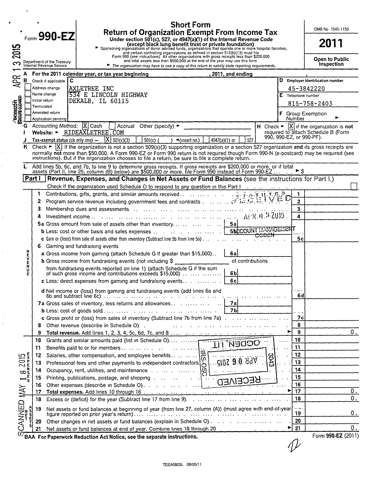 Image of first page of 2011 Form 990EZ for Axletree