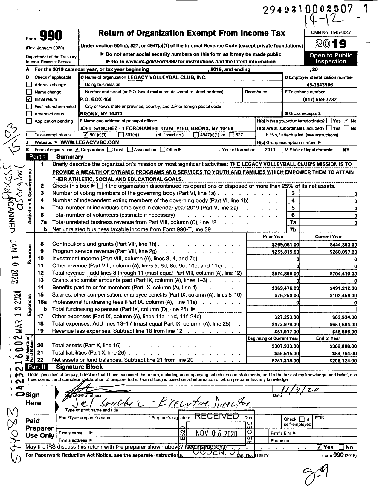 Image of first page of 2019 Form 990 for Legacy Volleyball Club