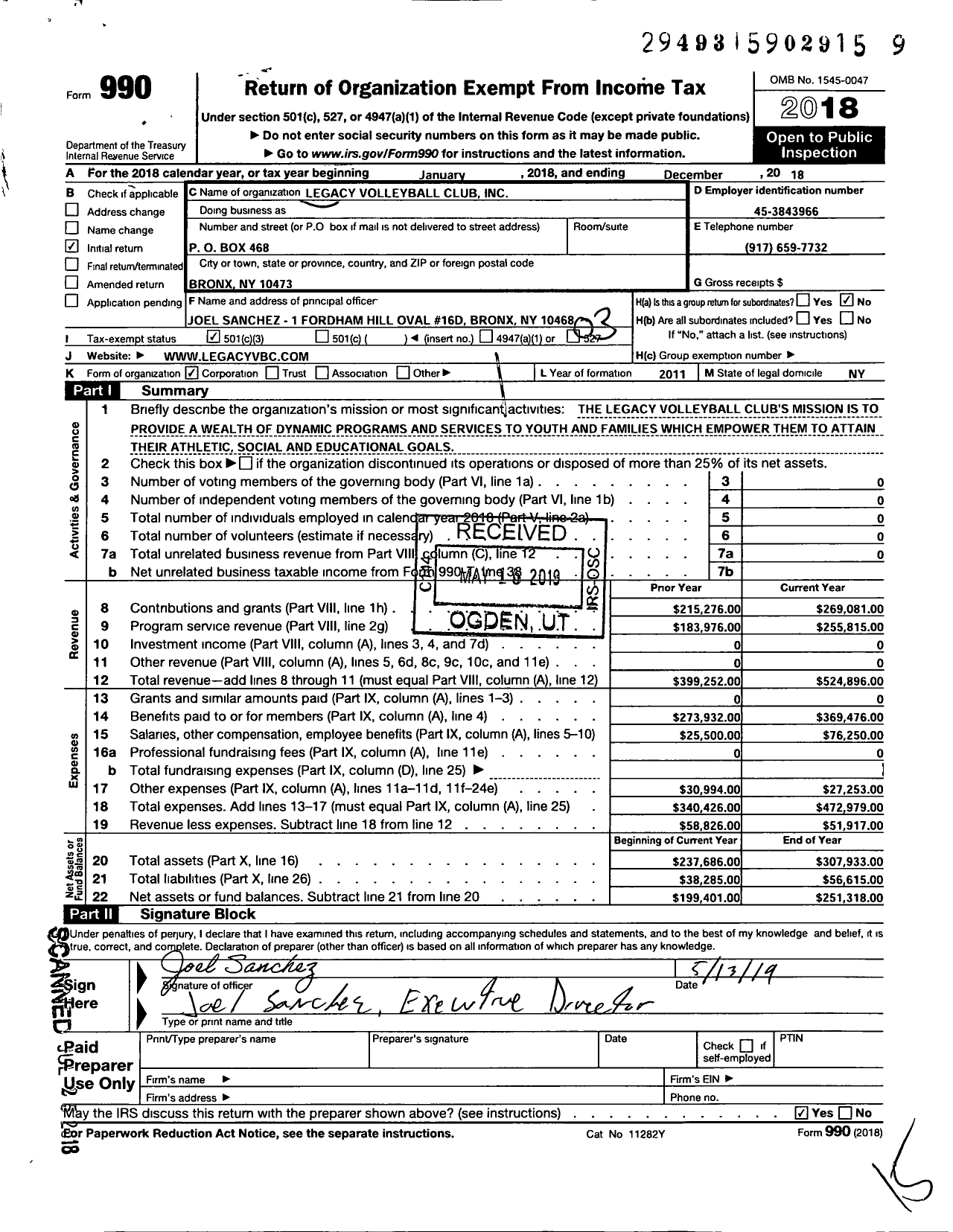 Image of first page of 2018 Form 990 for Legacy Volleyball Club