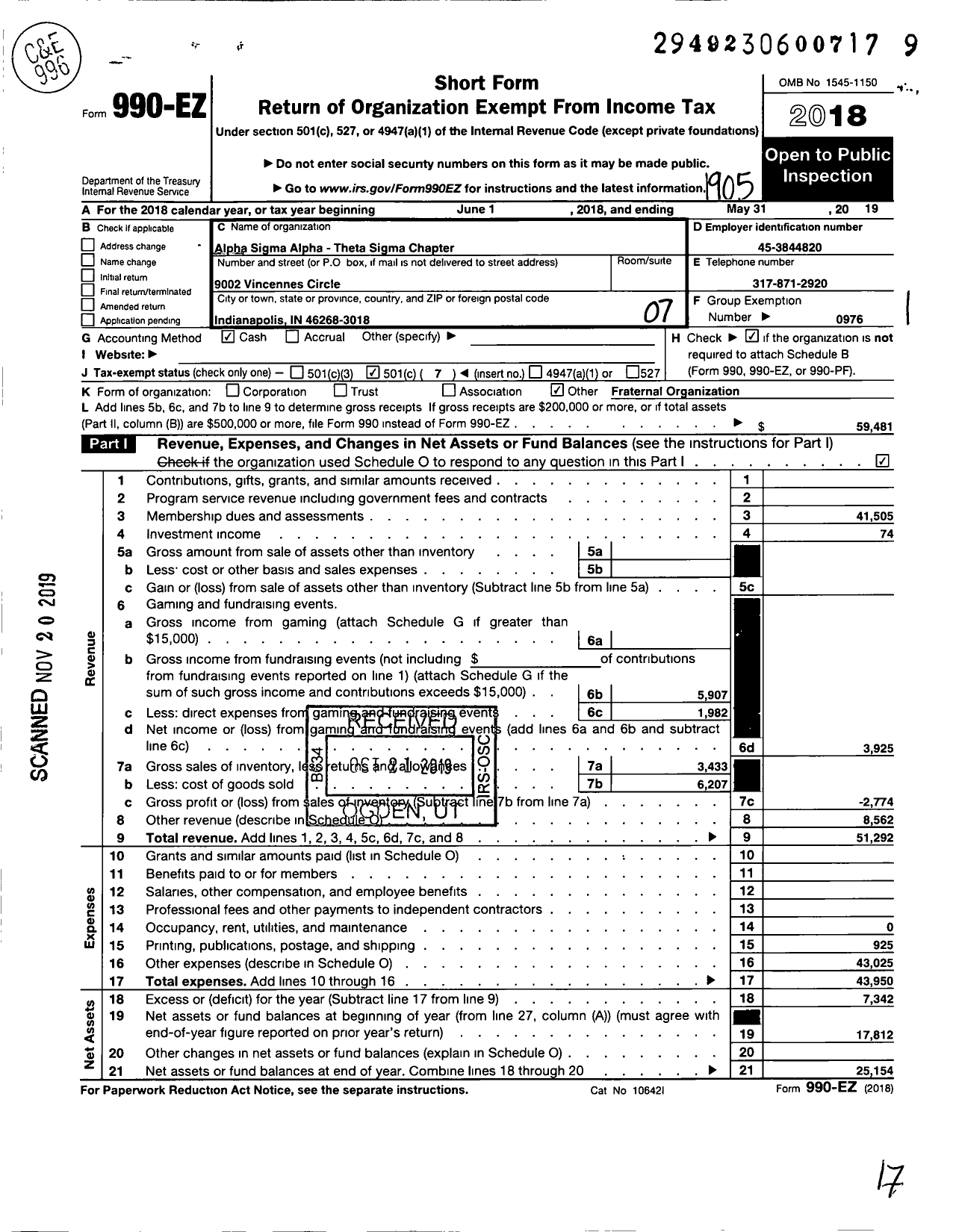 Image of first page of 2018 Form 990EO for Alpha Sigma Alpha Sorority / Theta Sigma Chapter