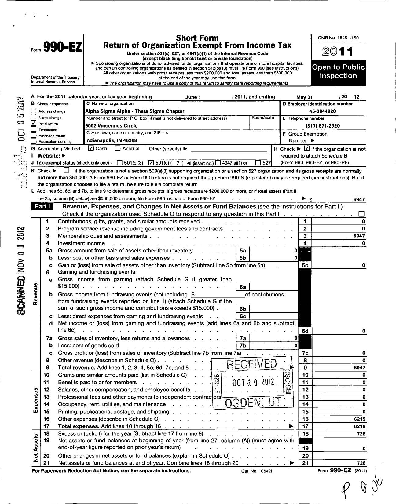 Image of first page of 2011 Form 990EO for Alpha Sigma Alpha Sorority / Theta Sigma Chapter