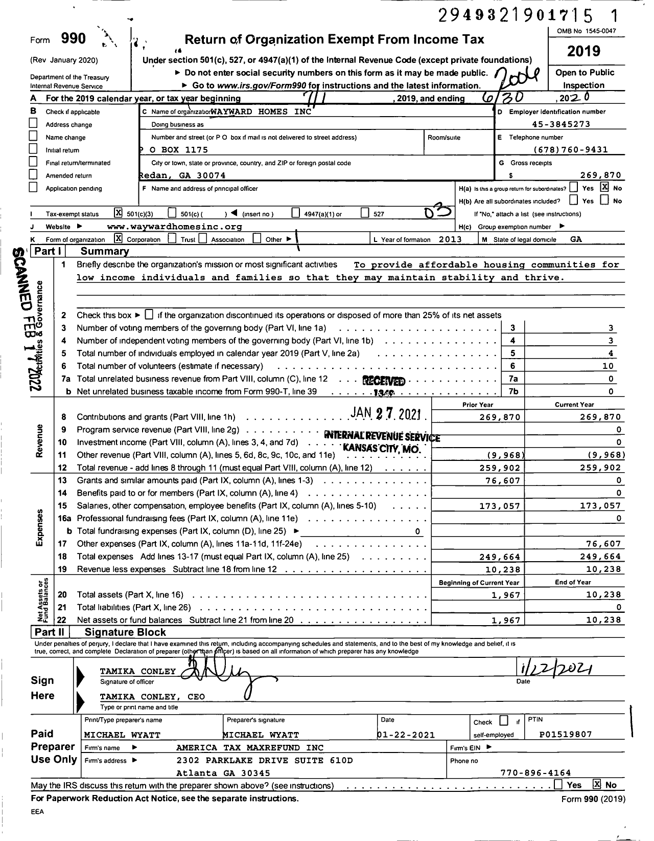 Image of first page of 2019 Form 990 for Wayward Homes