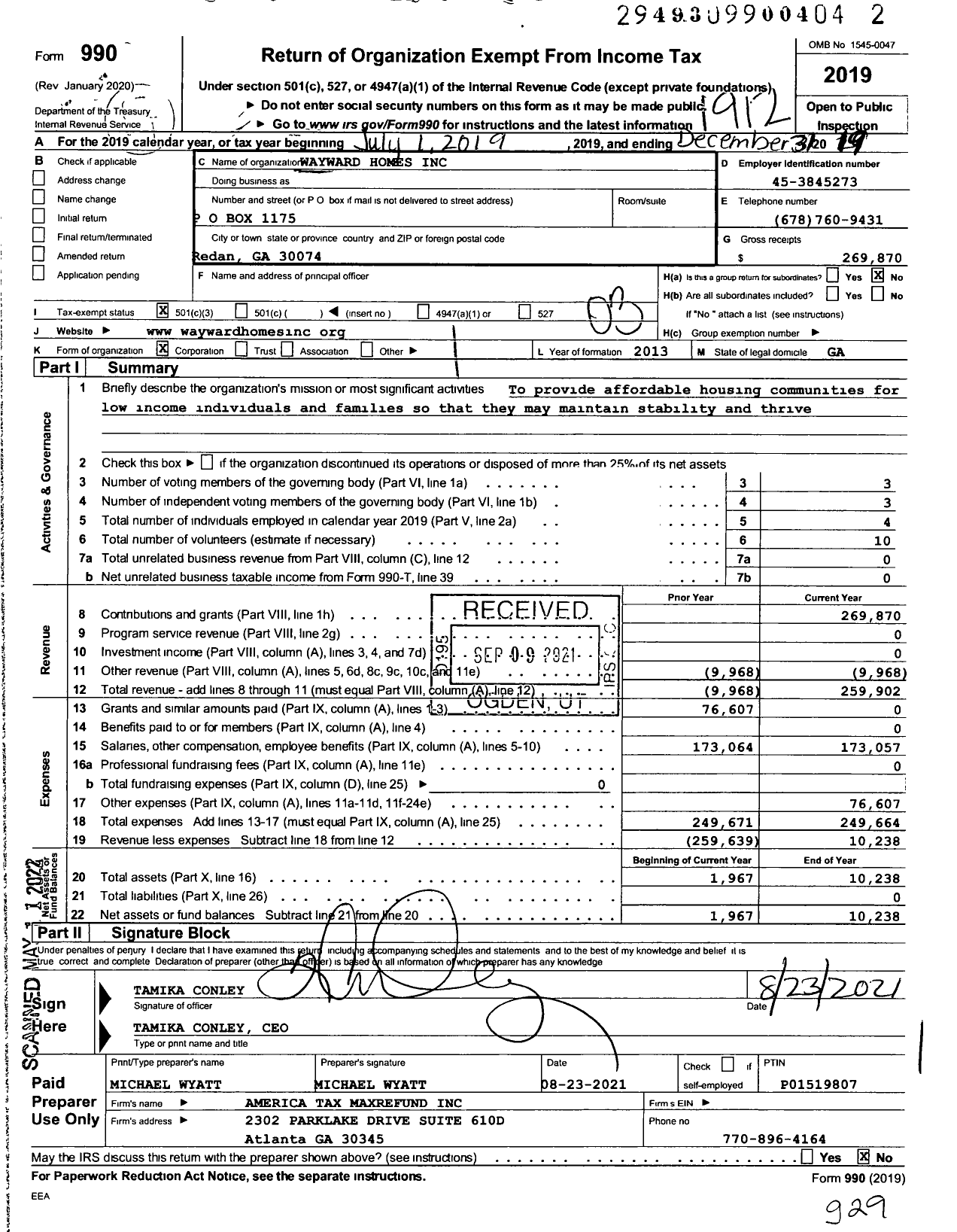 Image of first page of 2019 Form 990 for Wayward Homes