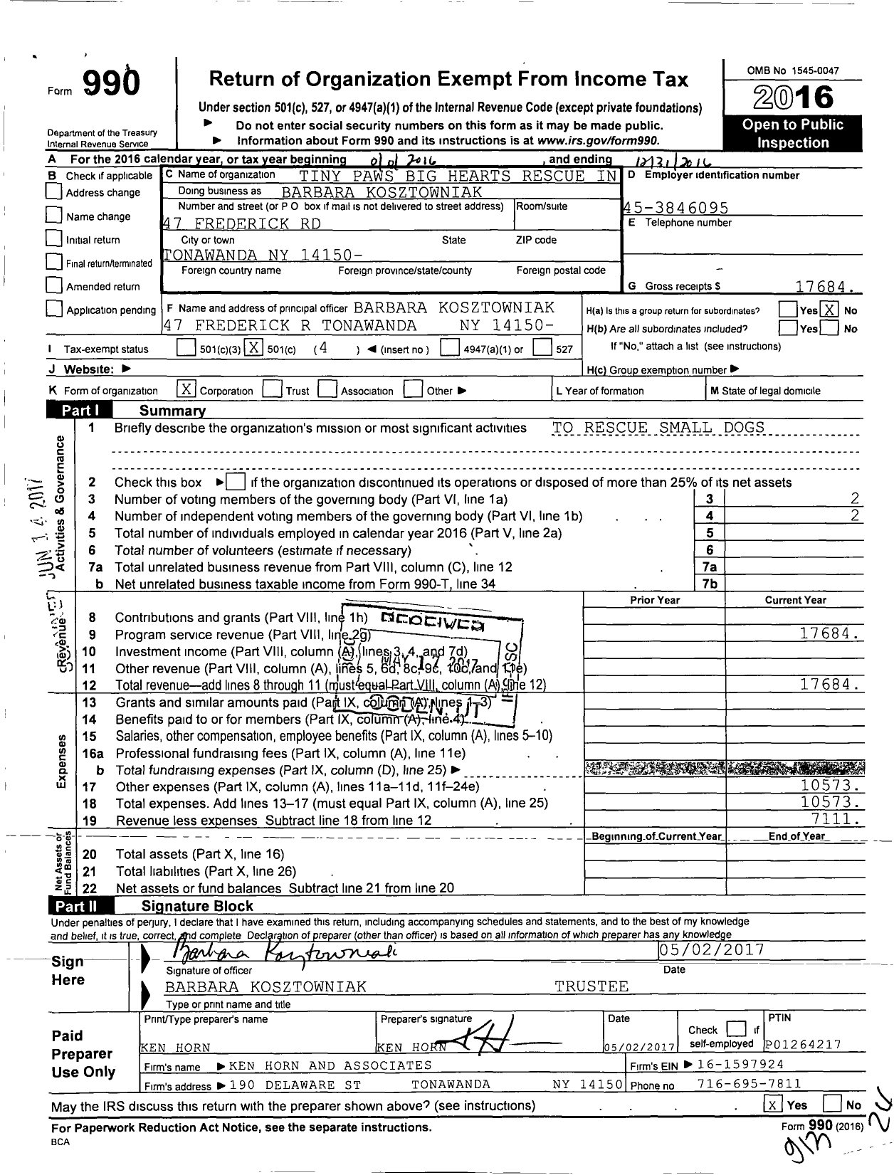 Image of first page of 2016 Form 990O for Tiny Paws Big Hearts Rescue