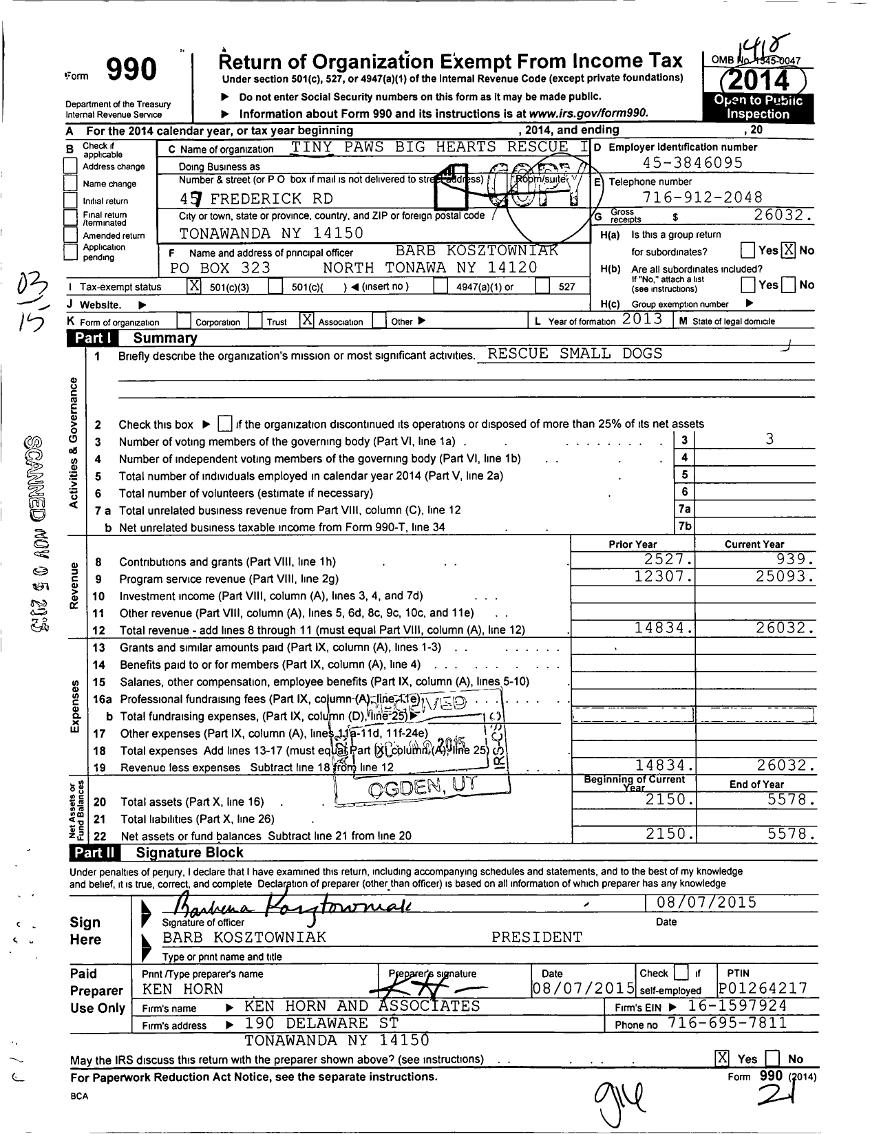 Image of first page of 2014 Form 990 for Tiny Paws Big Hearts Rescue