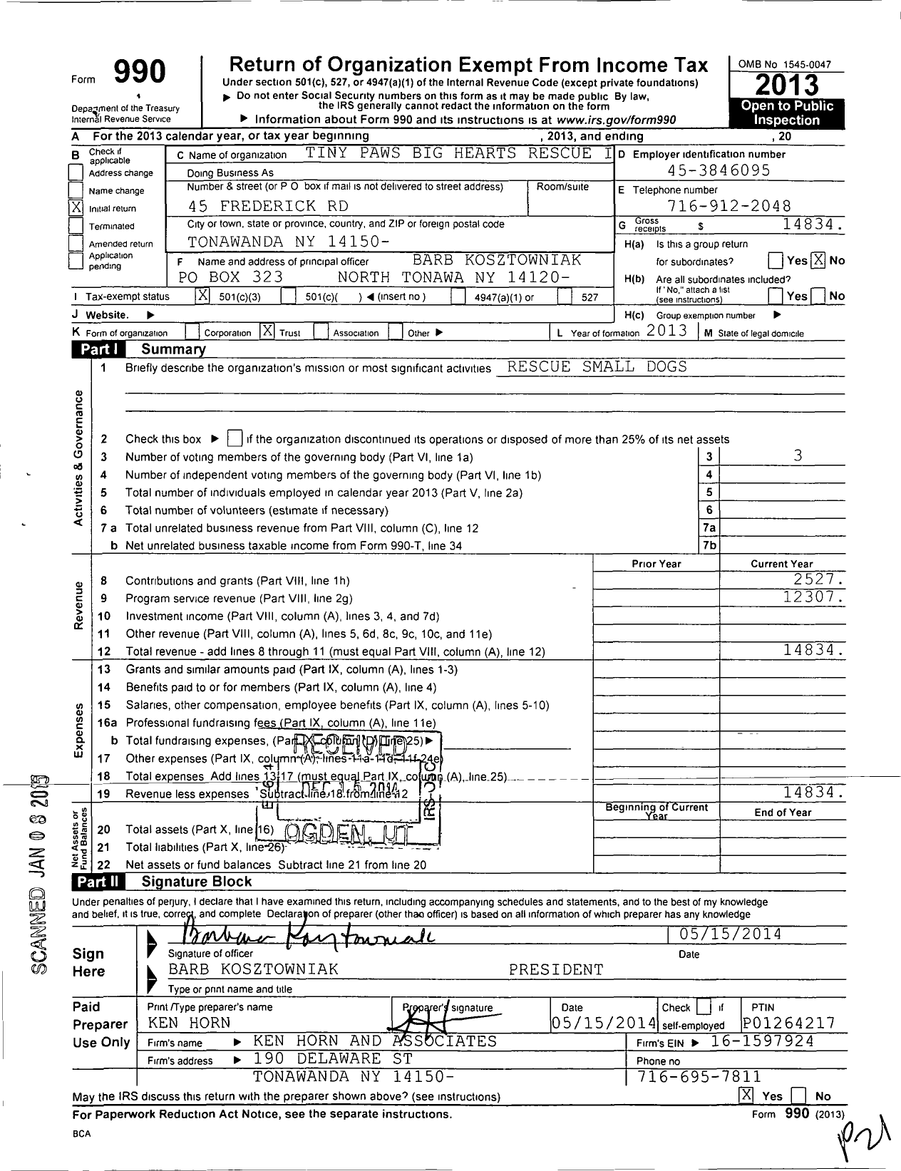 Image of first page of 2013 Form 990 for Tiny Paws Big Hearts Rescue