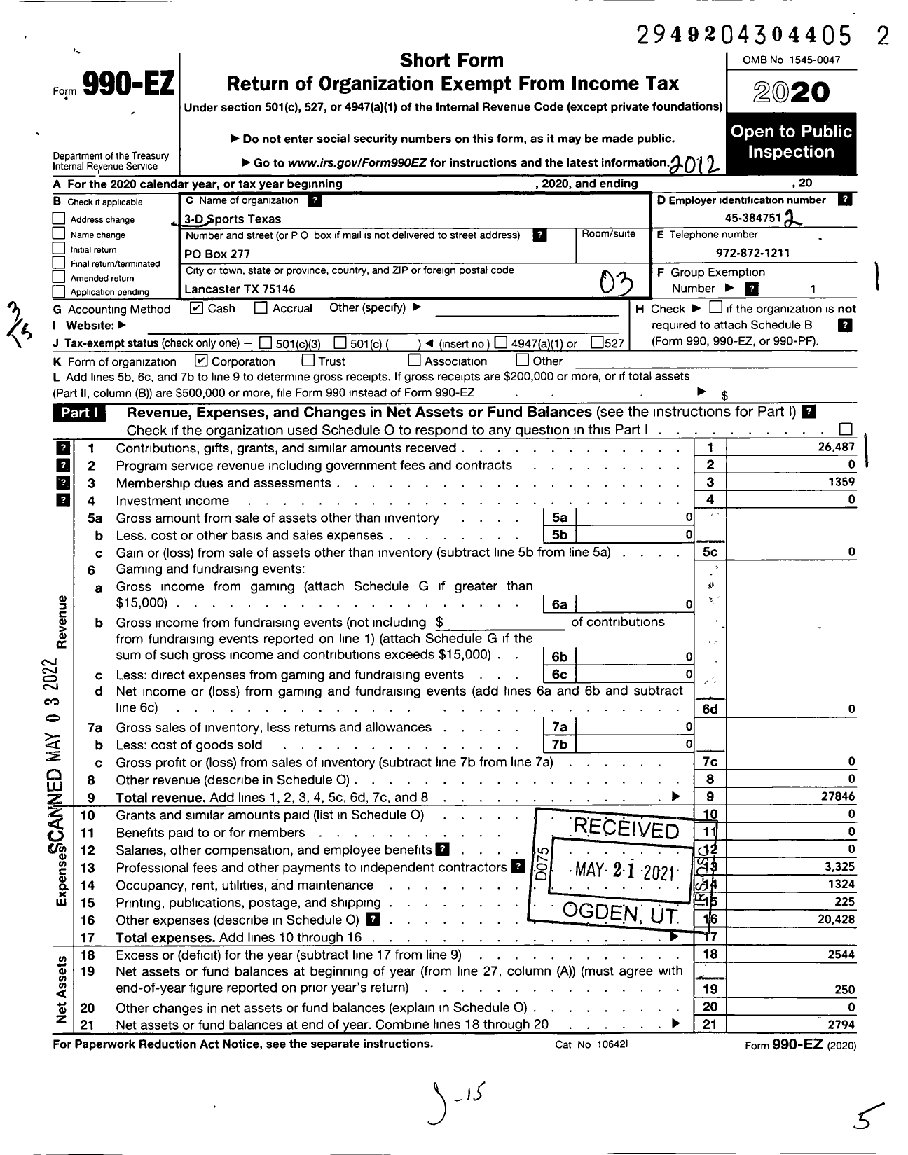 Image of first page of 2020 Form 990EZ for 3-d Sports Texas