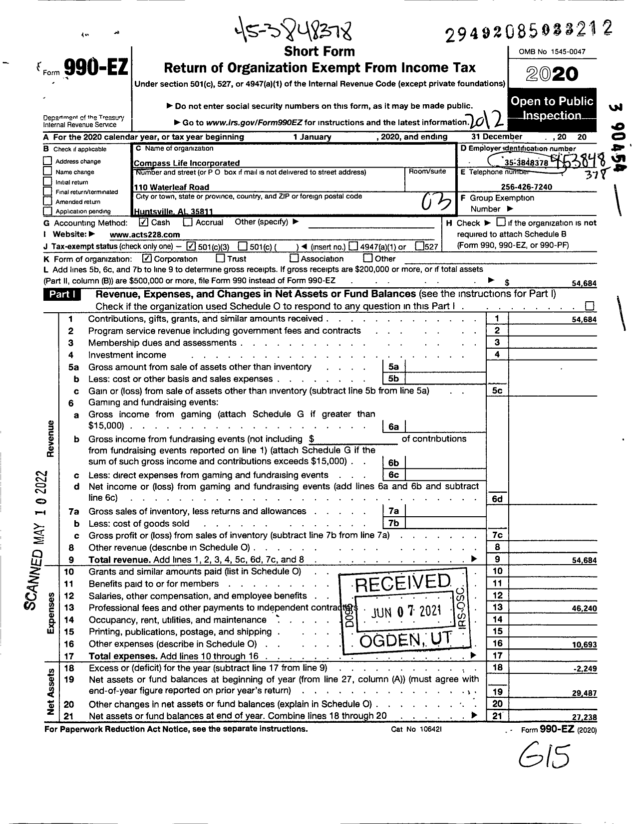 Image of first page of 2020 Form 990EZ for Compass Life Incorporated