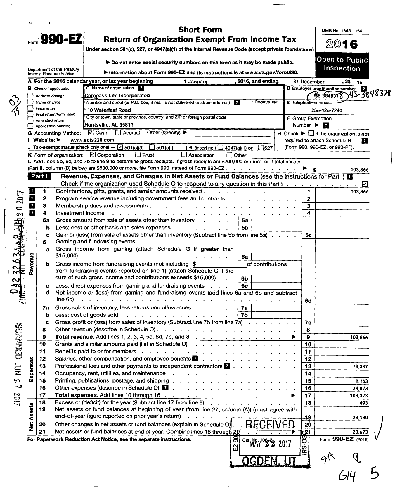 Image of first page of 2016 Form 990EZ for Compass Life Incorporated