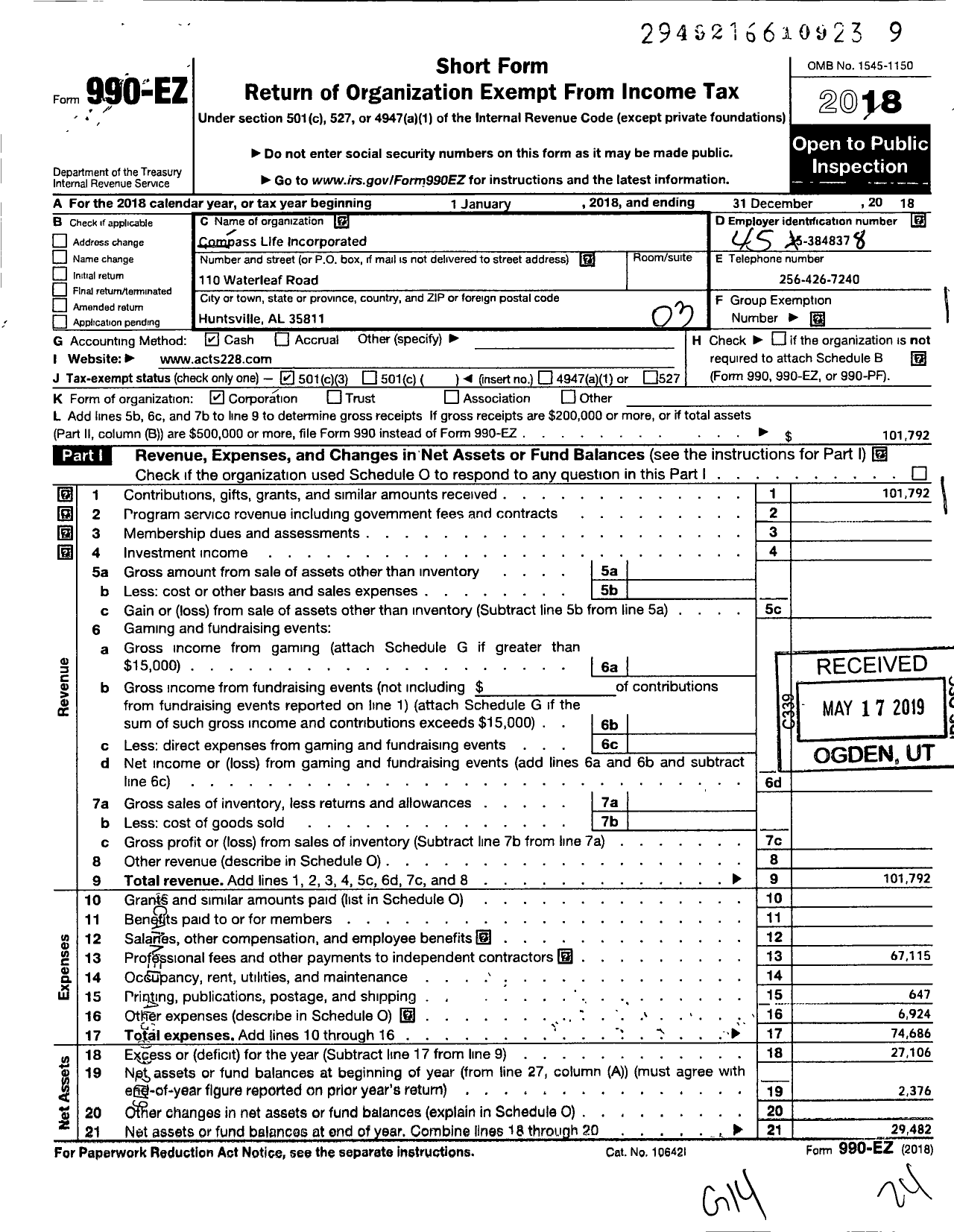 Image of first page of 2018 Form 990EZ for Compass Life Incorporated