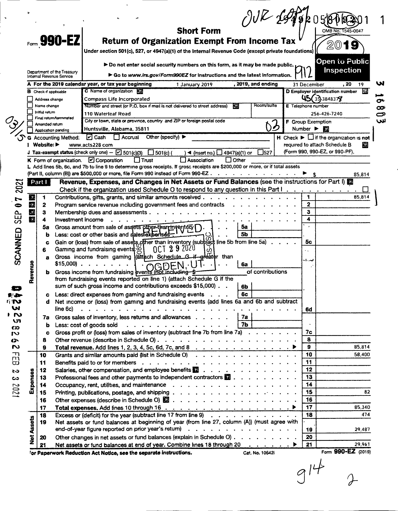 Image of first page of 2019 Form 990EZ for Compass Life Incorporated