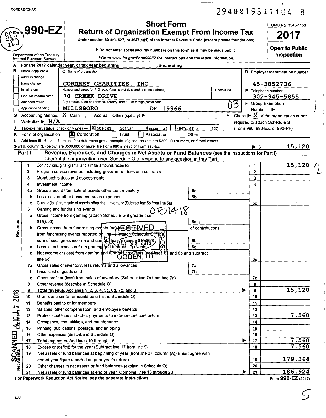 Image of first page of 2017 Form 990EZ for Cordrey Charities