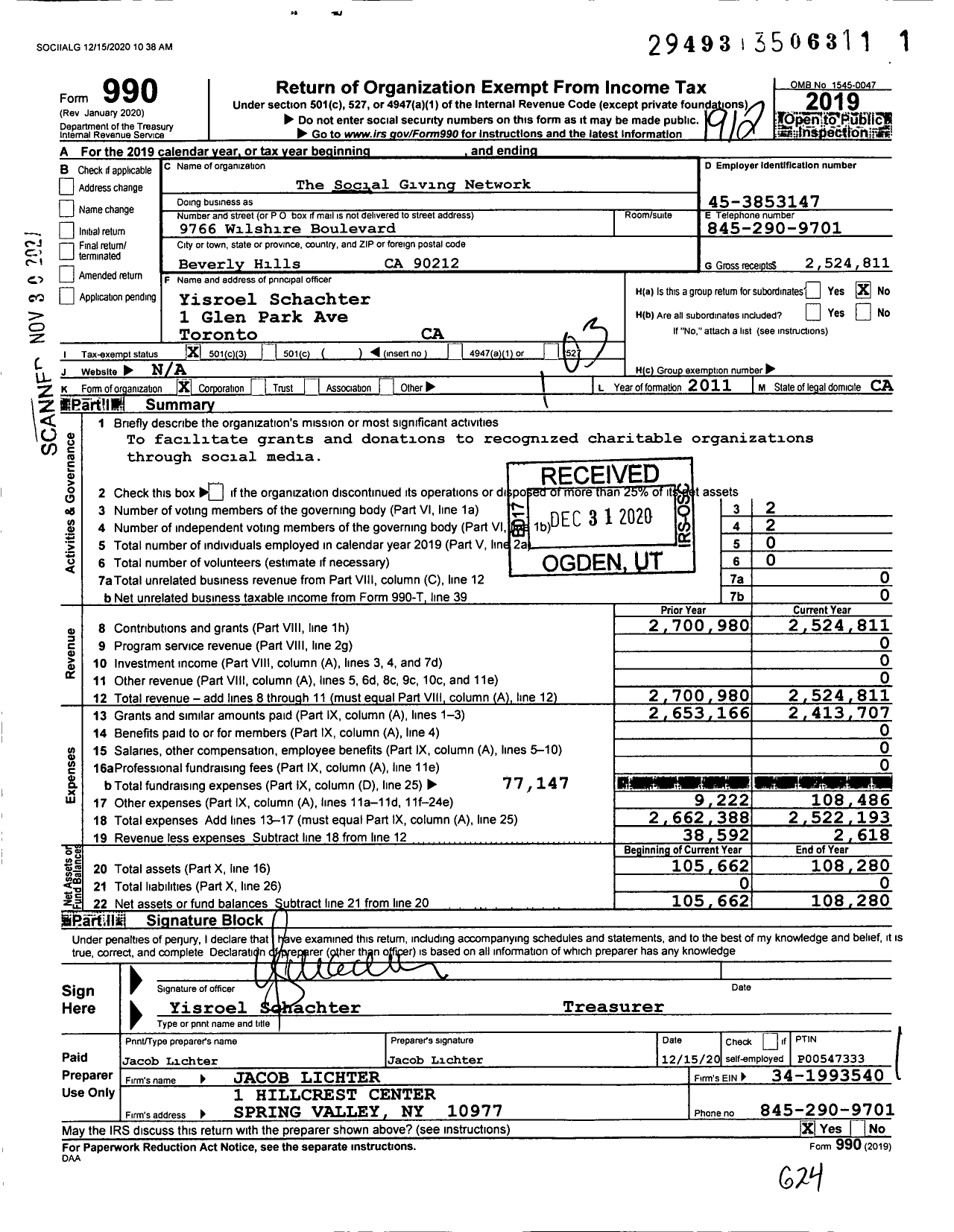 Image of first page of 2019 Form 990 for The Social Giving Network