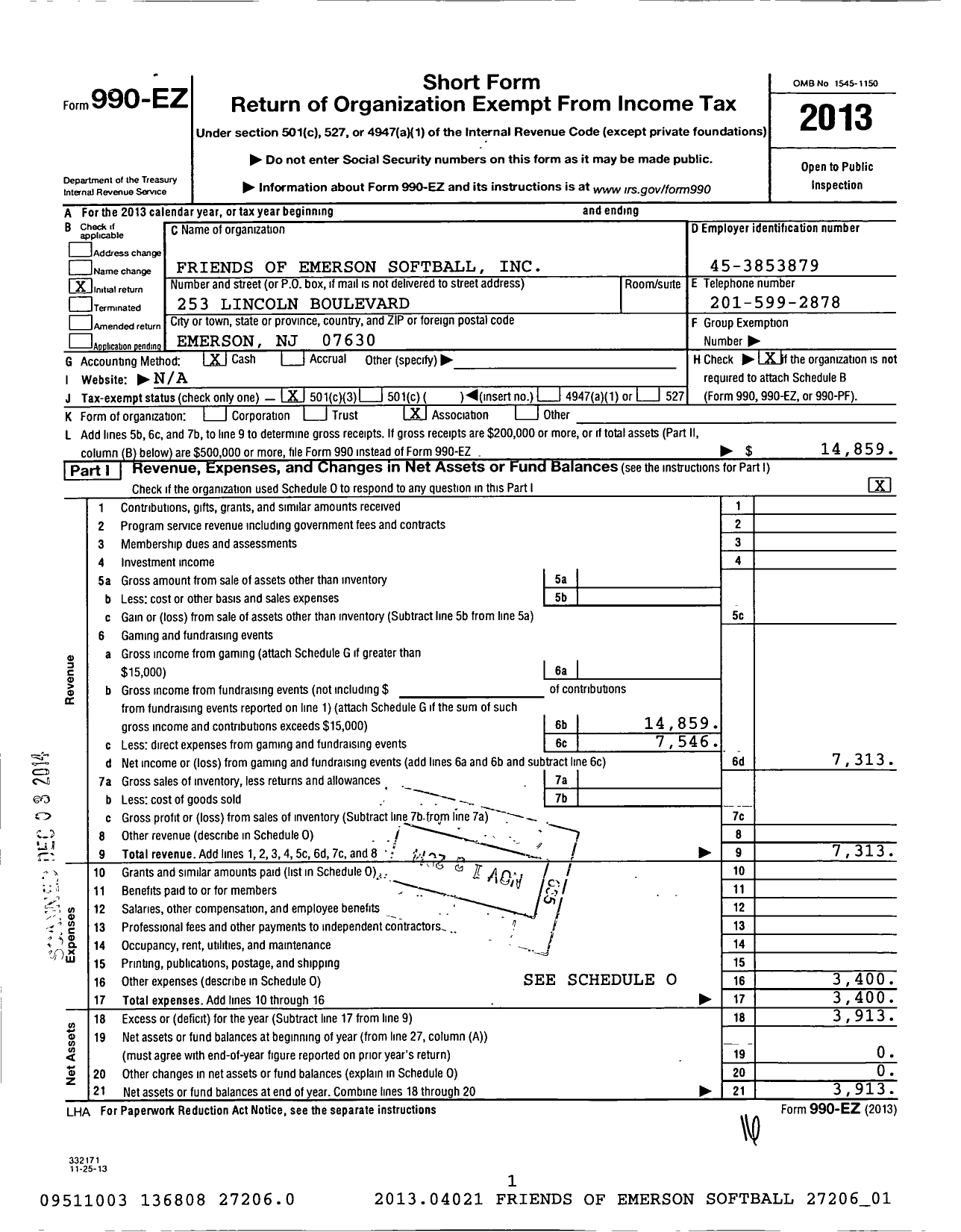 Image of first page of 2013 Form 990EZ for Friends of Emerson Softball