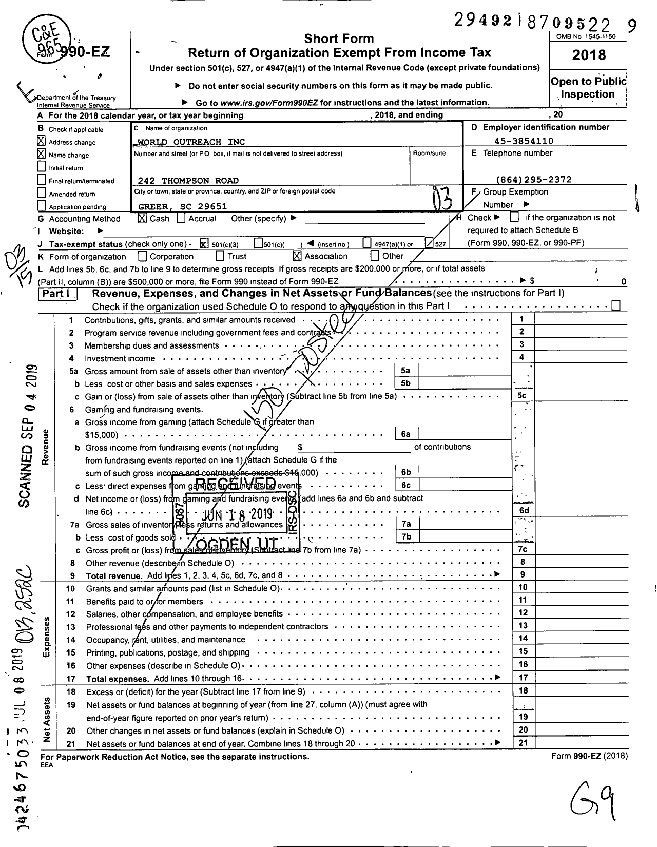 Image of first page of 2018 Form 990EZ for World Outreach