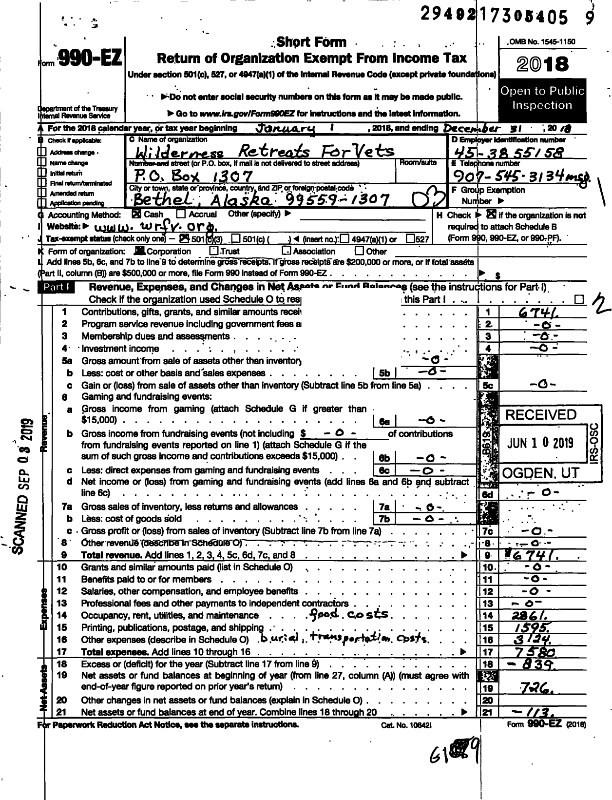 Image of first page of 2018 Form 990EZ for Wilderness Retreats for Vets