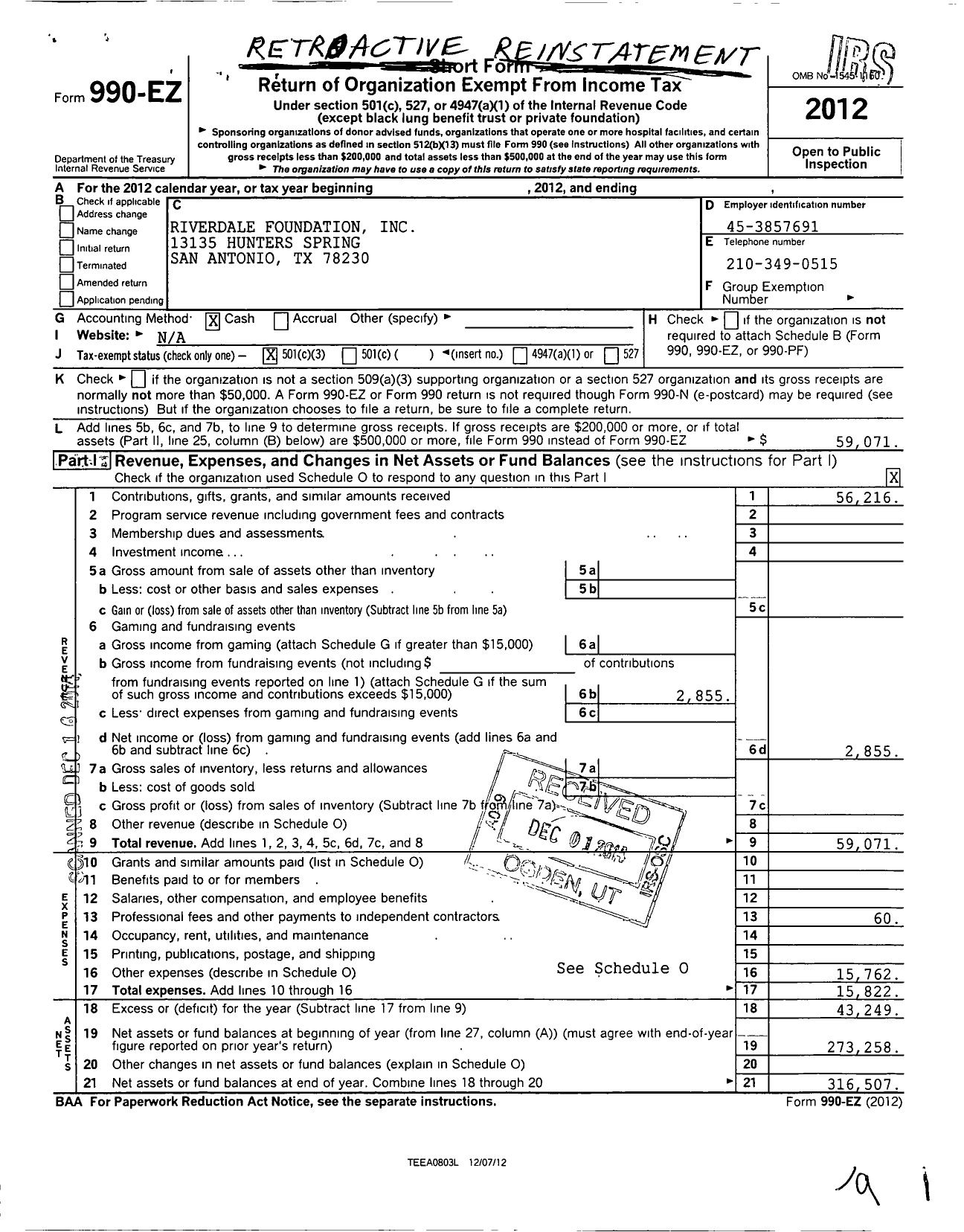 Image of first page of 2012 Form 990EZ for Riverdale Foundation