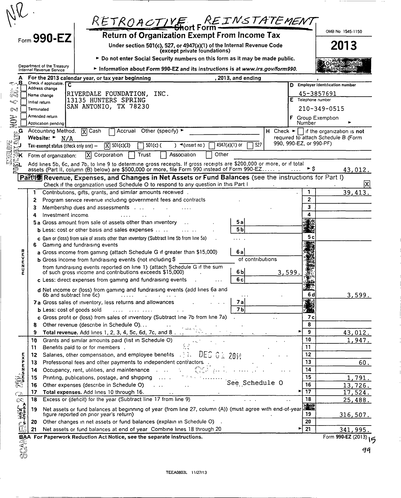 Image of first page of 2013 Form 990EZ for Riverdale Foundation