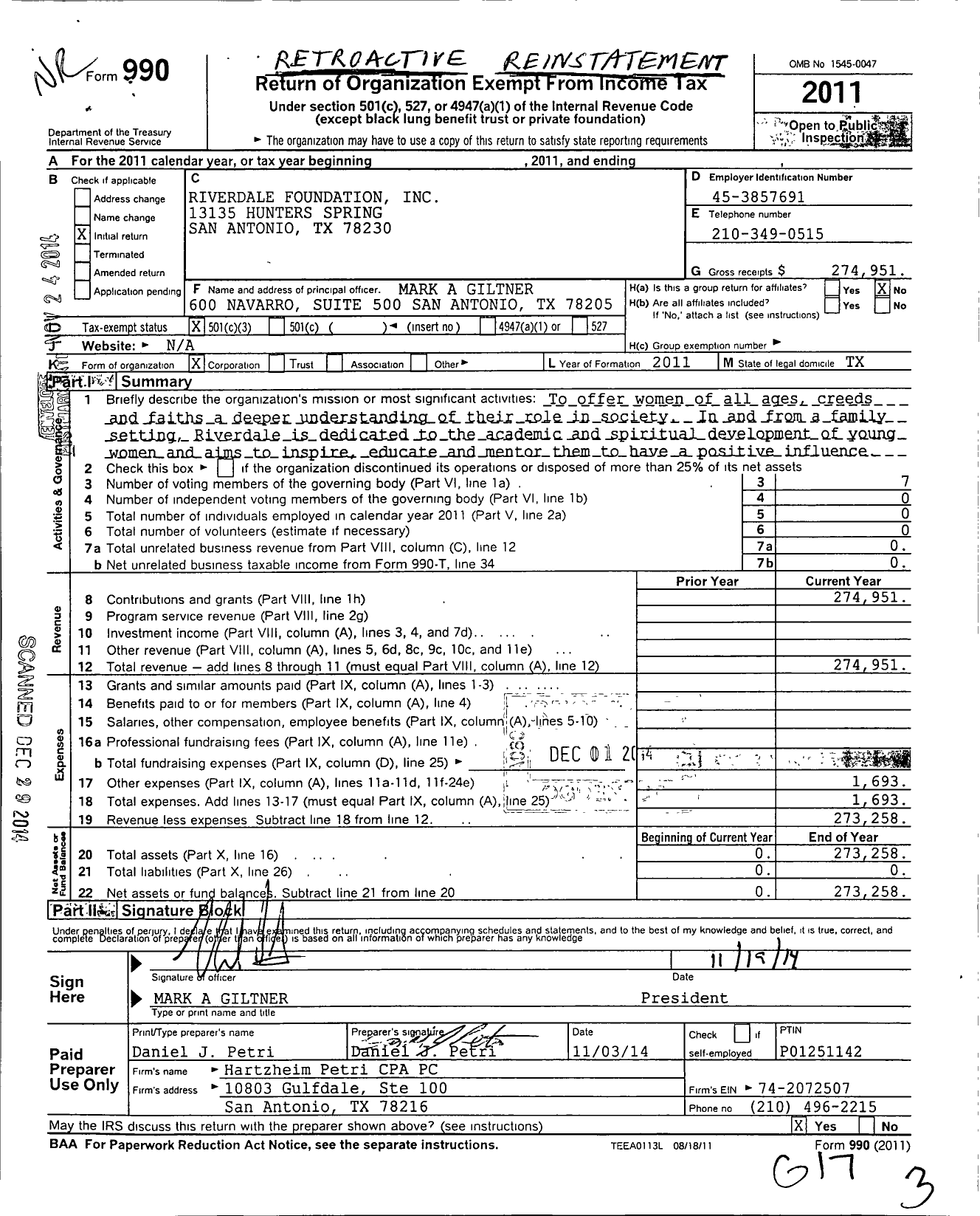 Image of first page of 2011 Form 990 for Riverdale Foundation