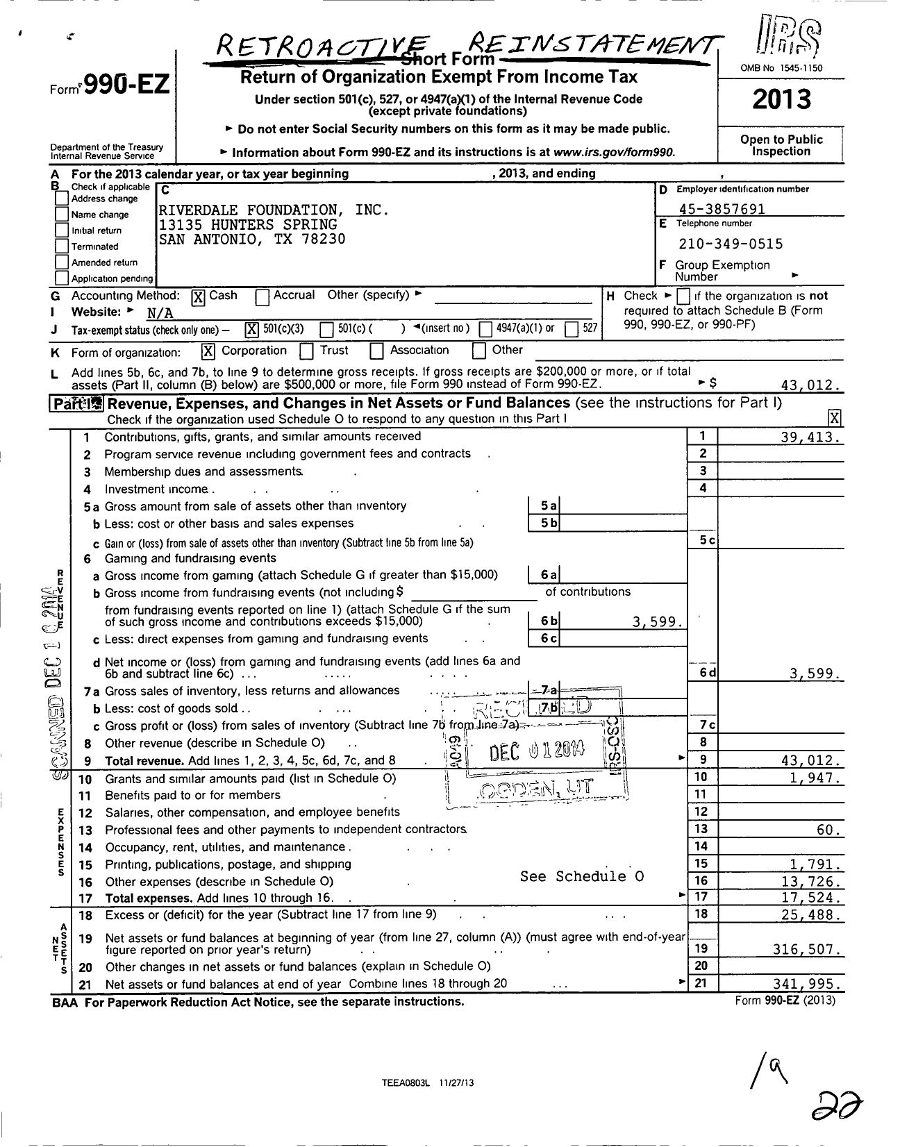 Image of first page of 2013 Form 990EZ for Riverdale Foundation