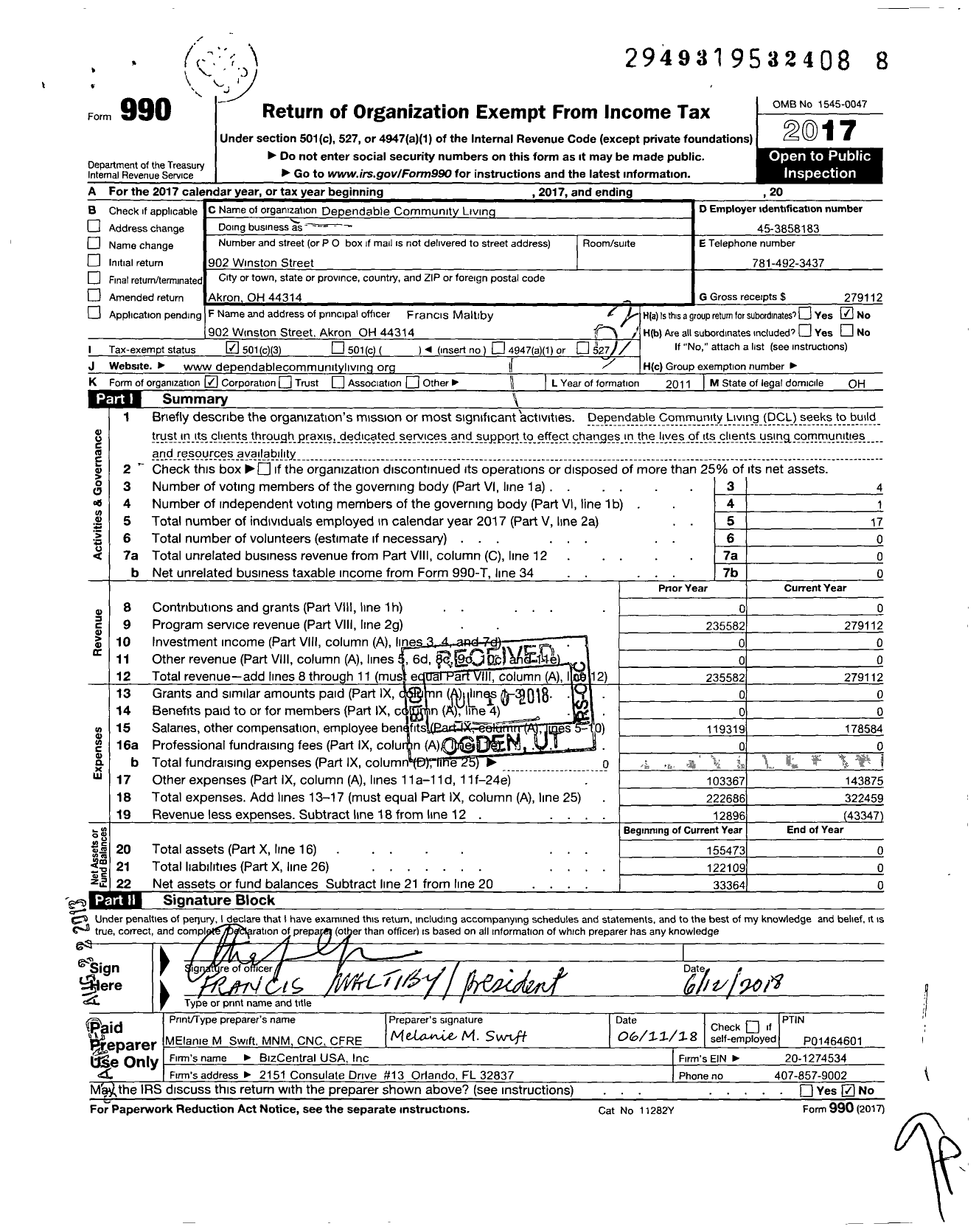 Image of first page of 2017 Form 990 for Dependable Community Living