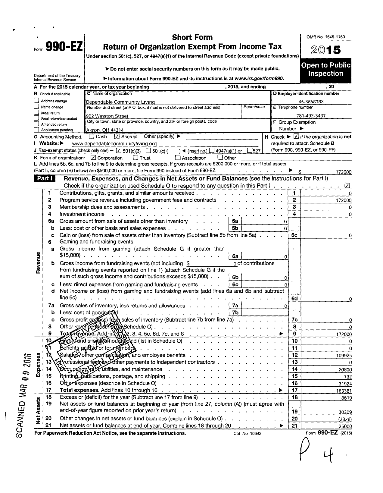 Image of first page of 2015 Form 990EZ for Dependable Community Living