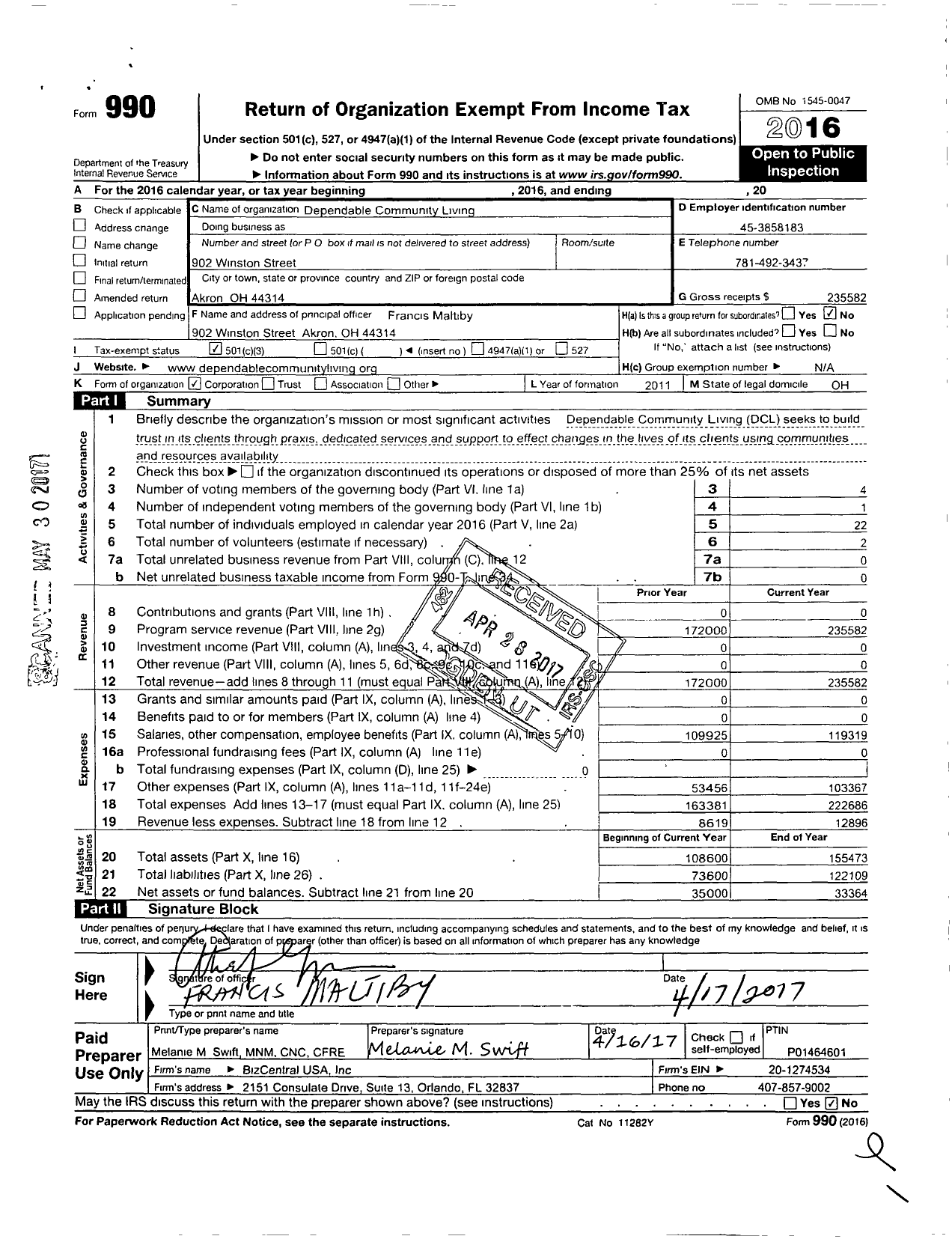 Image of first page of 2016 Form 990 for Dependable Community Living