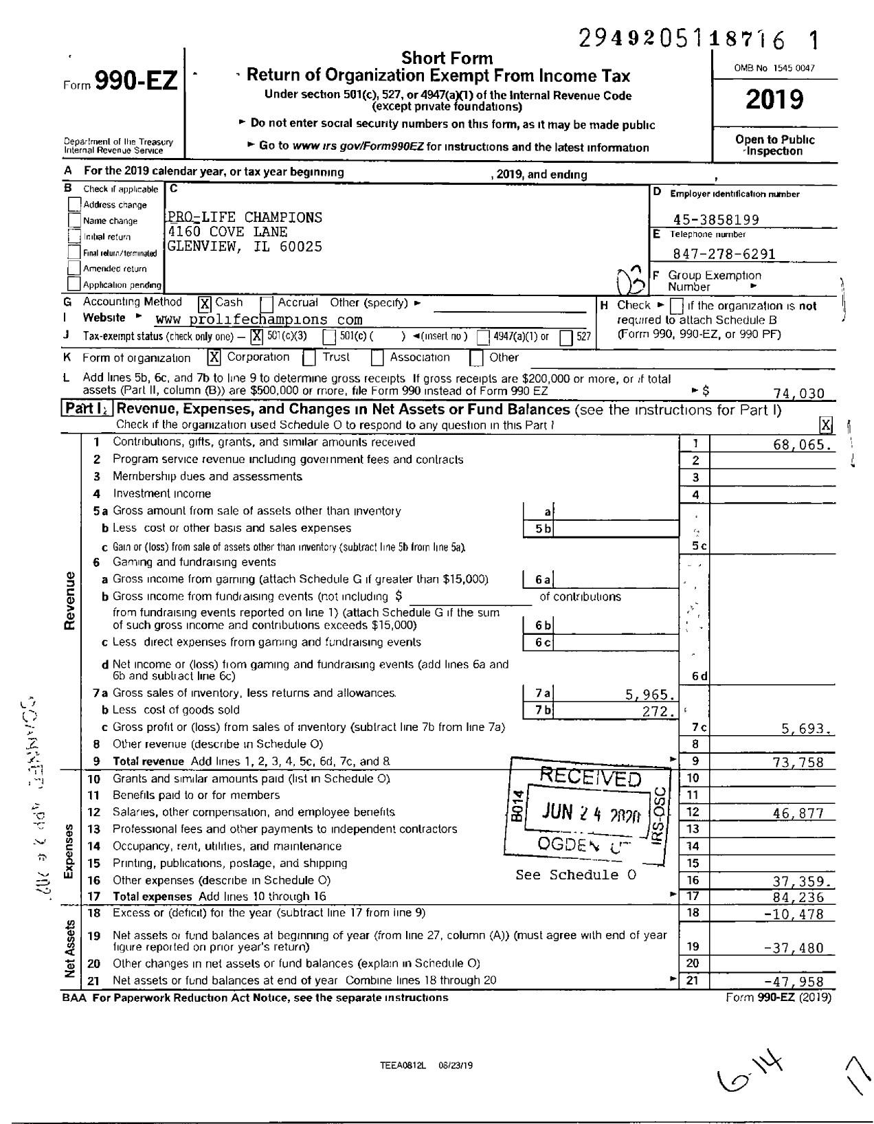 Image of first page of 2019 Form 990EZ for Pro-Life Champions