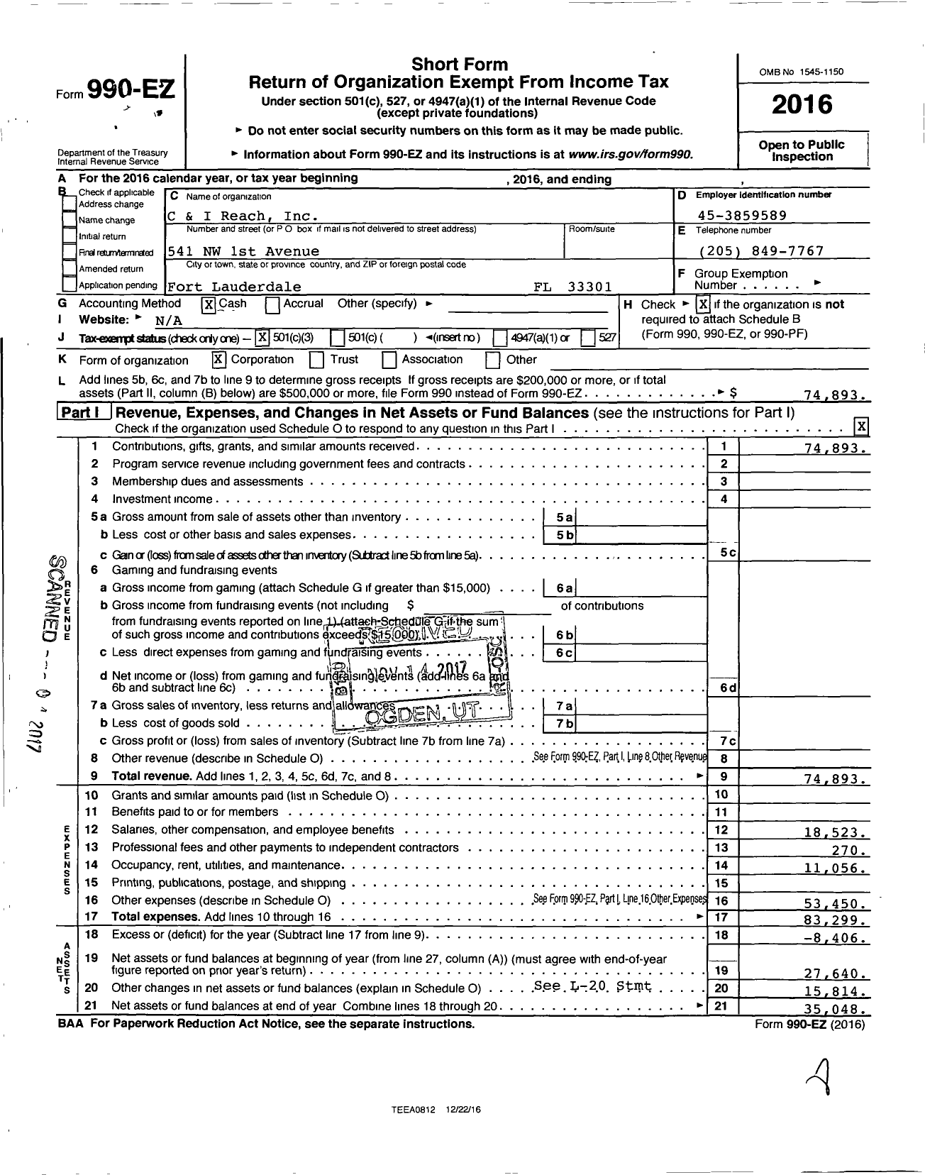 Image of first page of 2016 Form 990EZ for C and I Reach