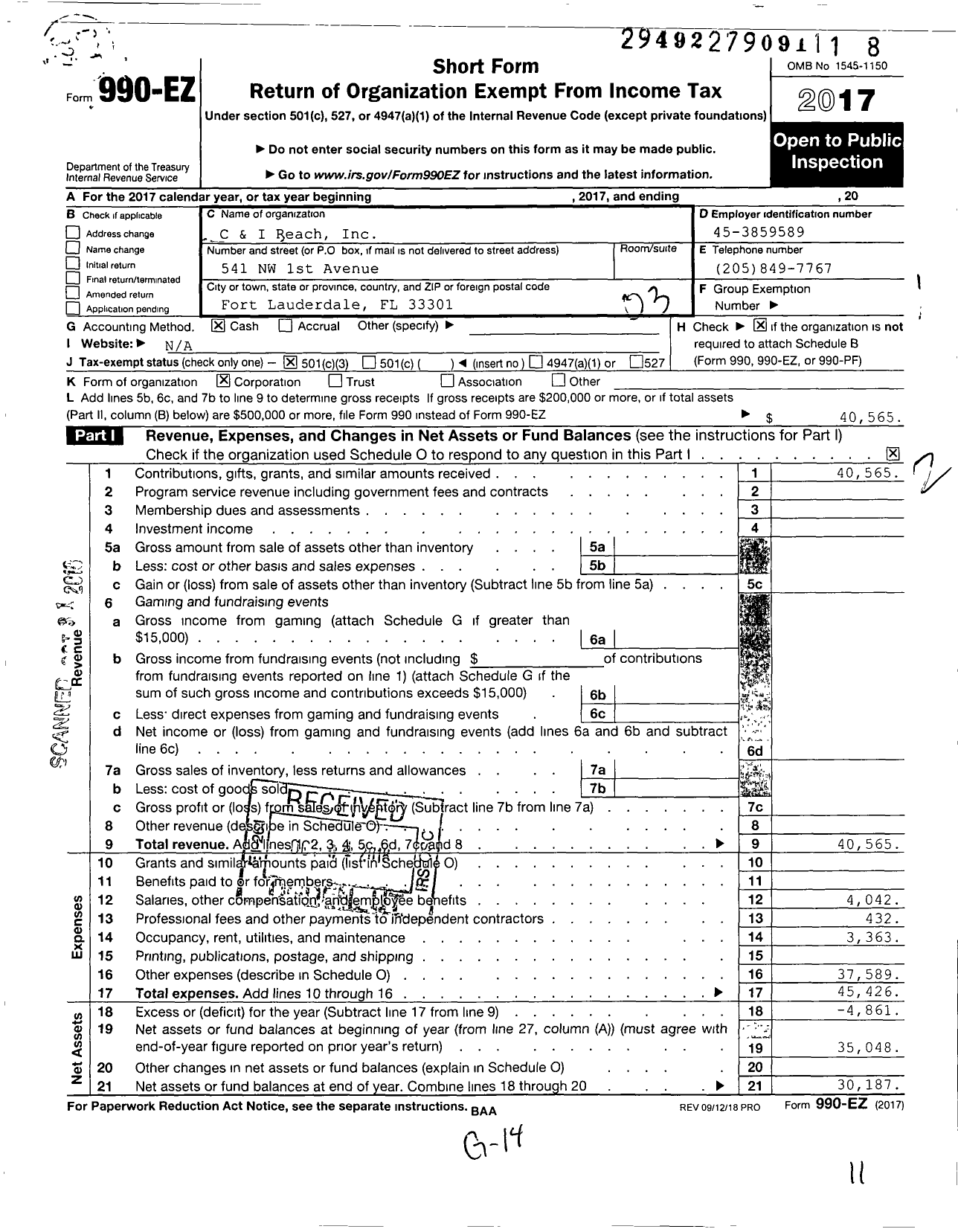 Image of first page of 2017 Form 990EZ for C and I Reach