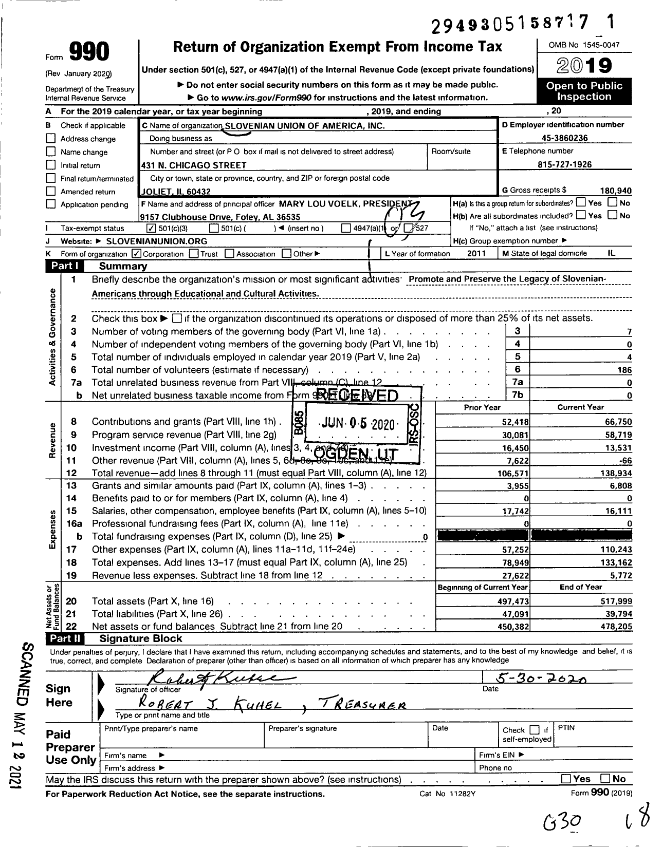 Image of first page of 2019 Form 990 for Slovenian Union of America