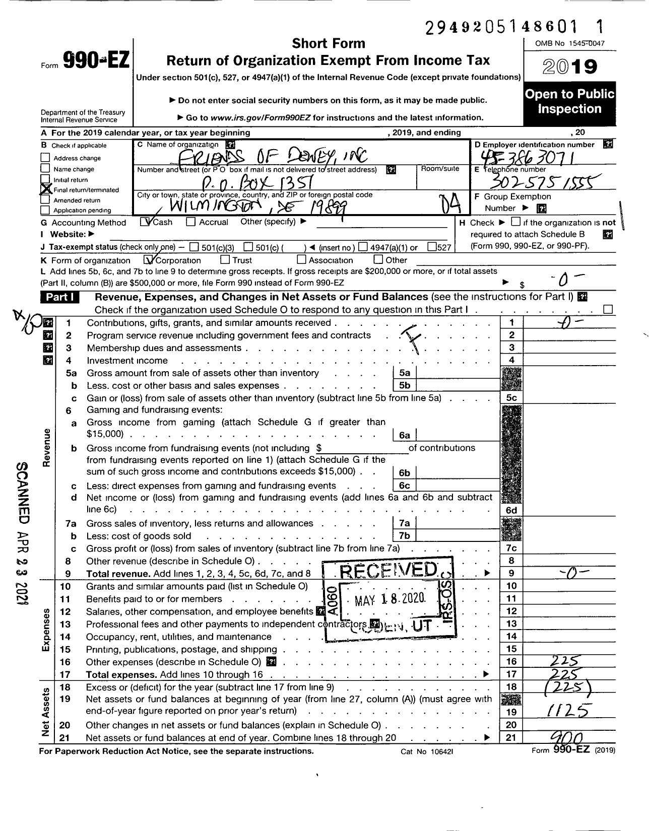 Image of first page of 2019 Form 990EO for Friends of Dewey