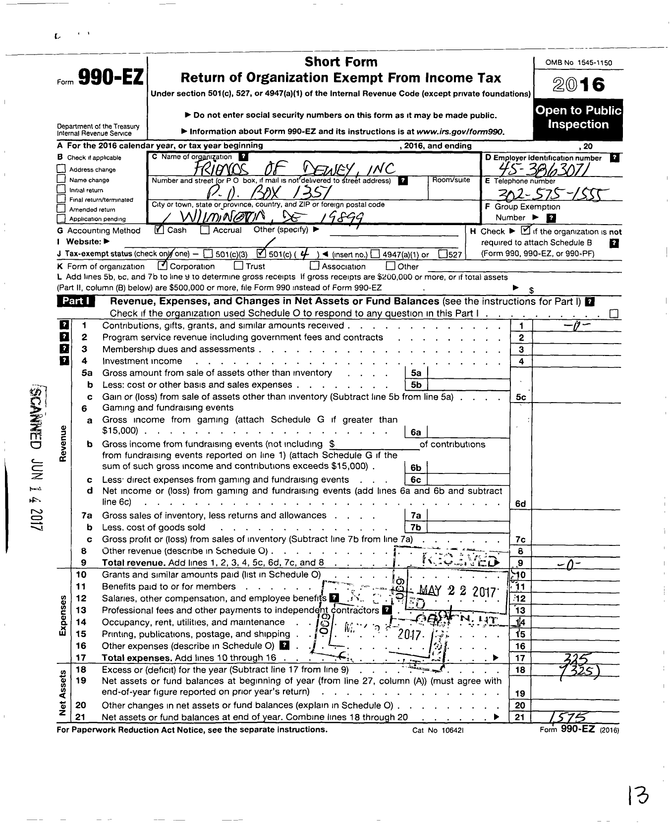 Image of first page of 2016 Form 990EO for Friends of Dewey