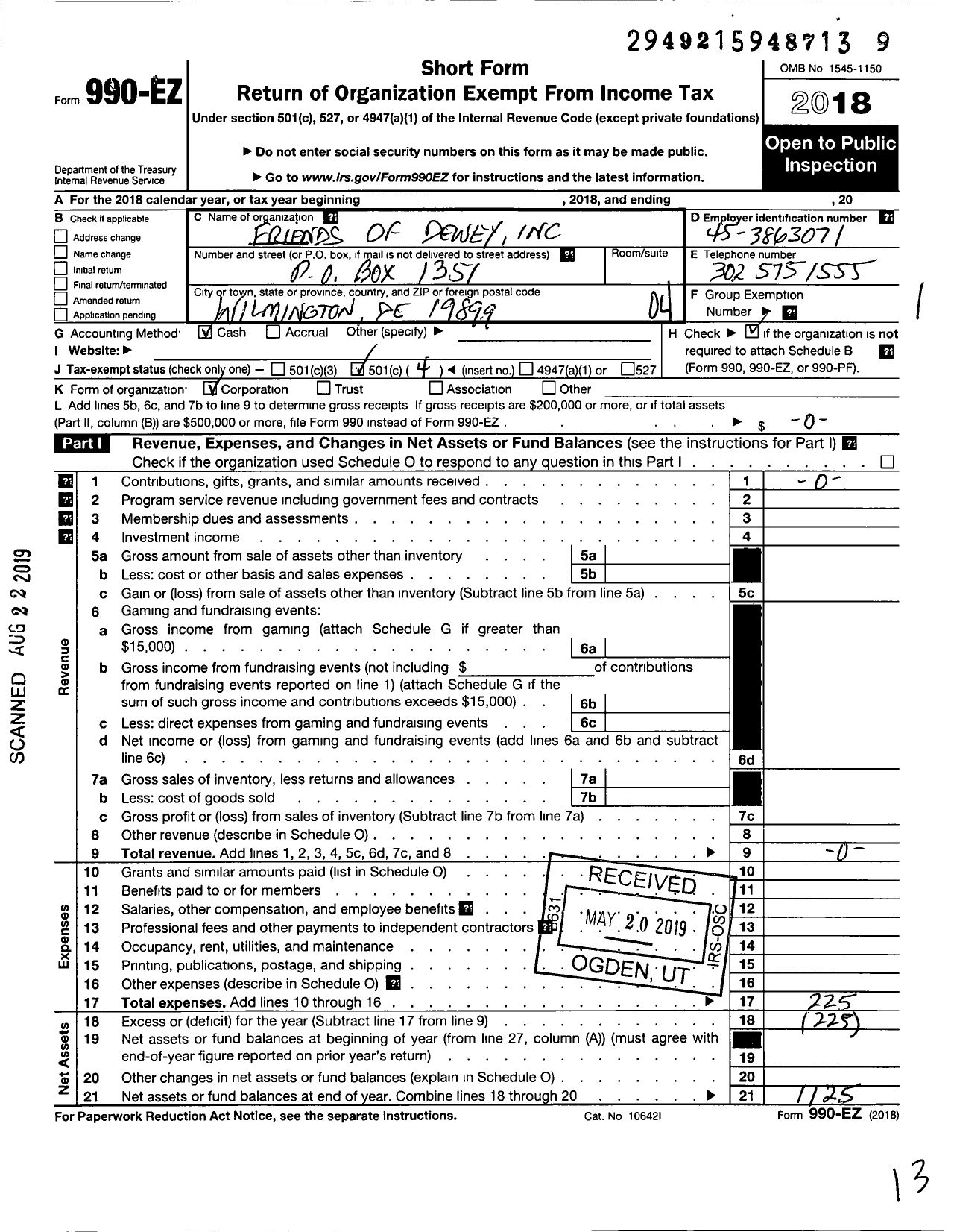 Image of first page of 2018 Form 990EO for Friends of Dewey