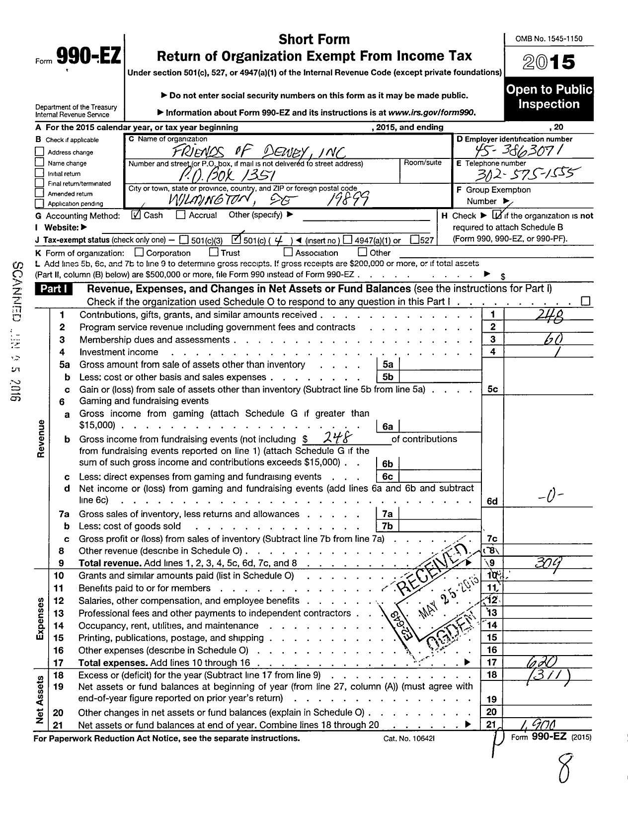 Image of first page of 2015 Form 990EO for Friends of Dewey