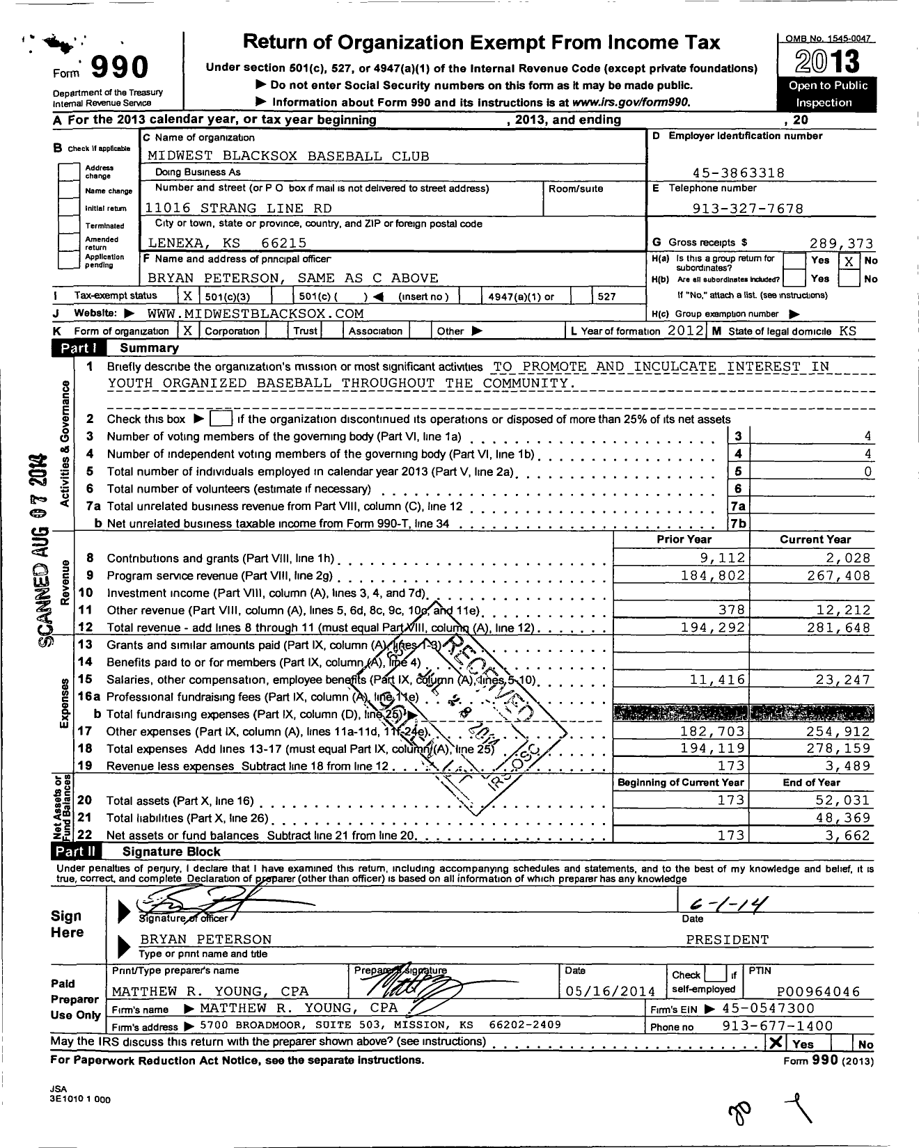 Image of first page of 2013 Form 990 for Midwest Blacksox Baseball Club