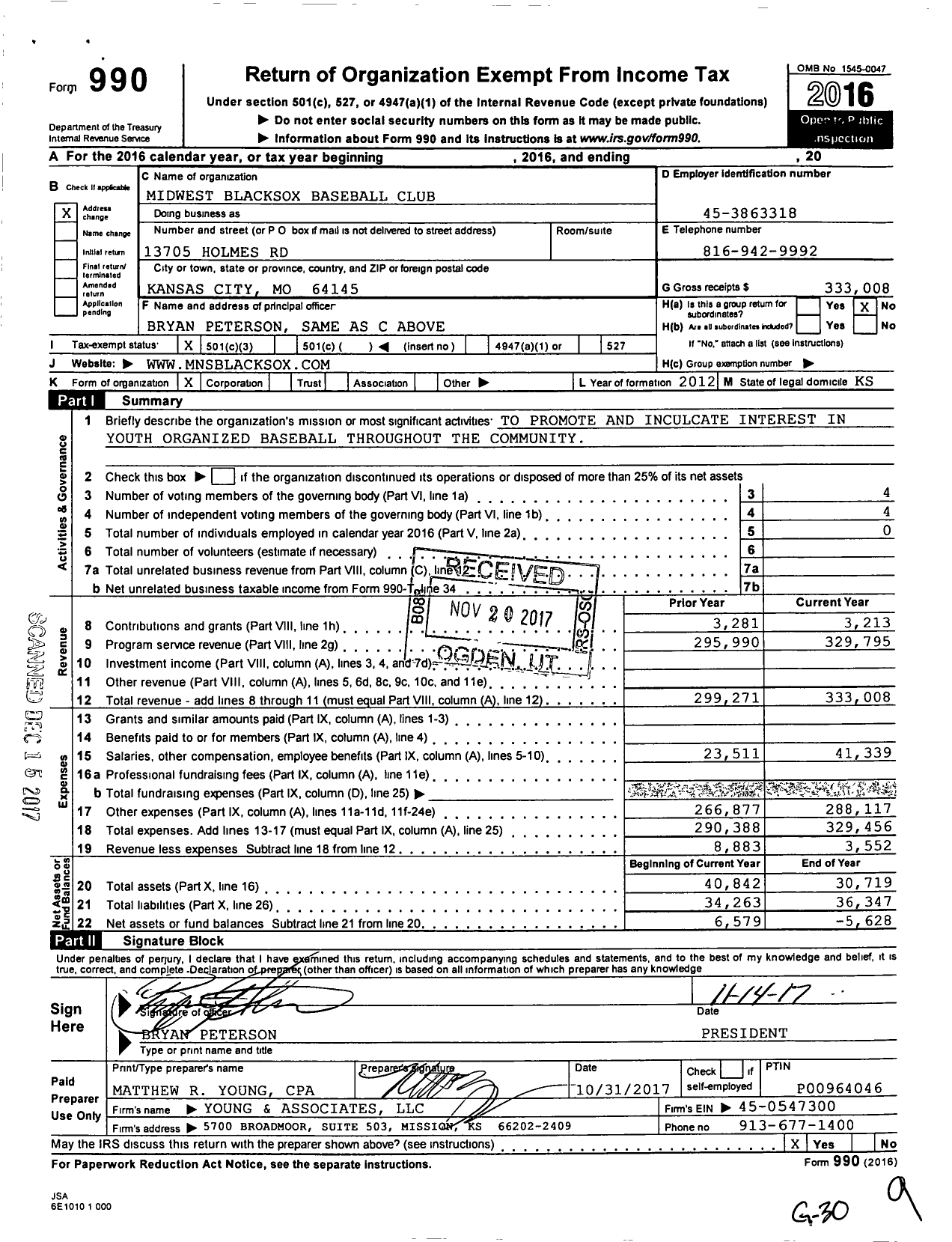 Image of first page of 2016 Form 990 for Midwest Blacksox Baseball Club