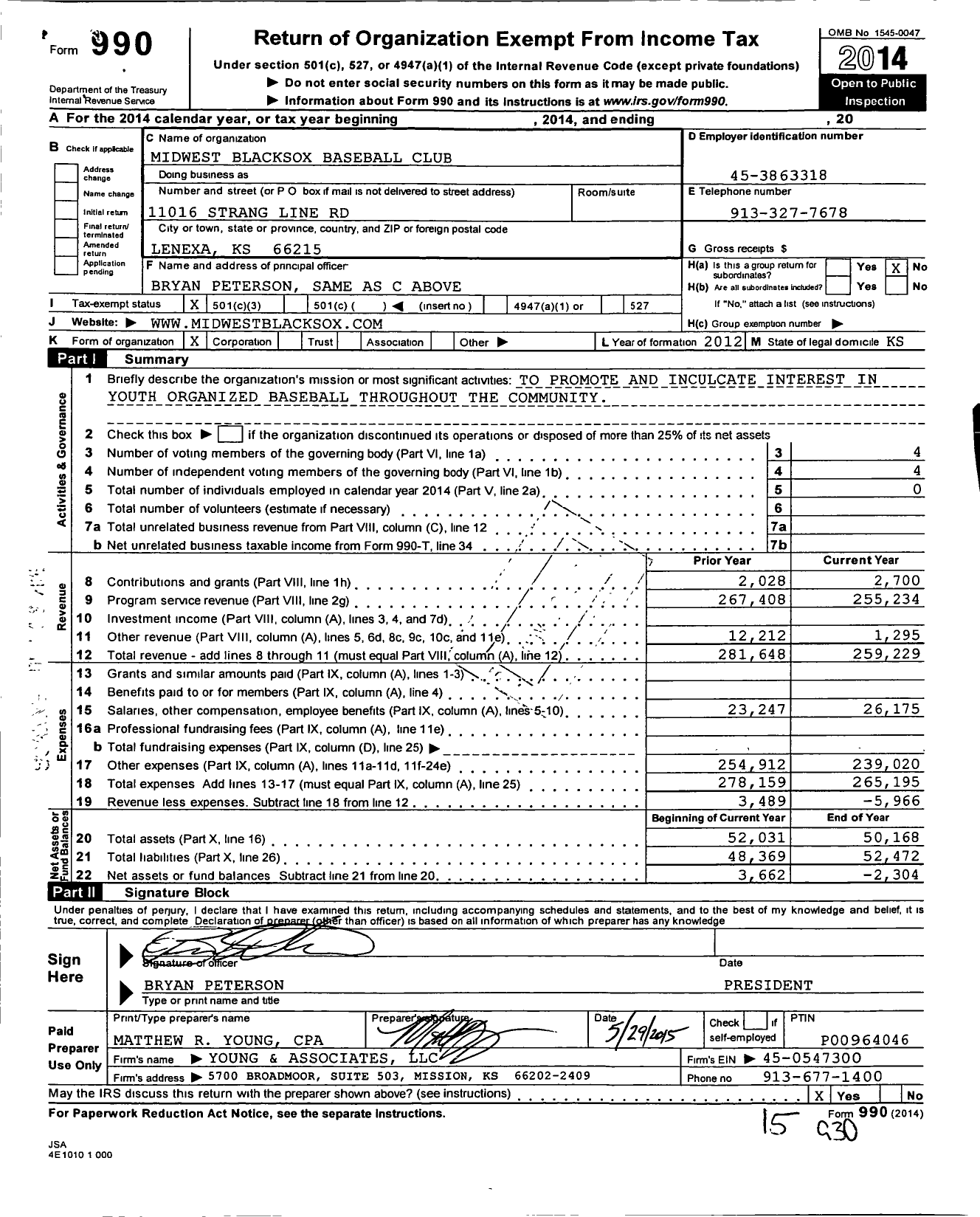 Image of first page of 2014 Form 990 for Midwest Blacksox Baseball Club