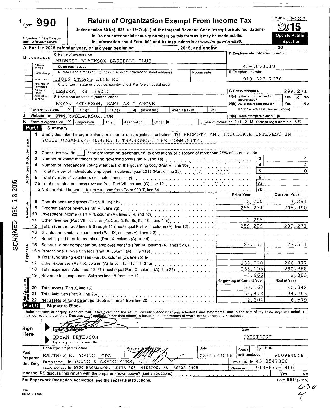 Image of first page of 2015 Form 990 for Midwest Blacksox Baseball Club