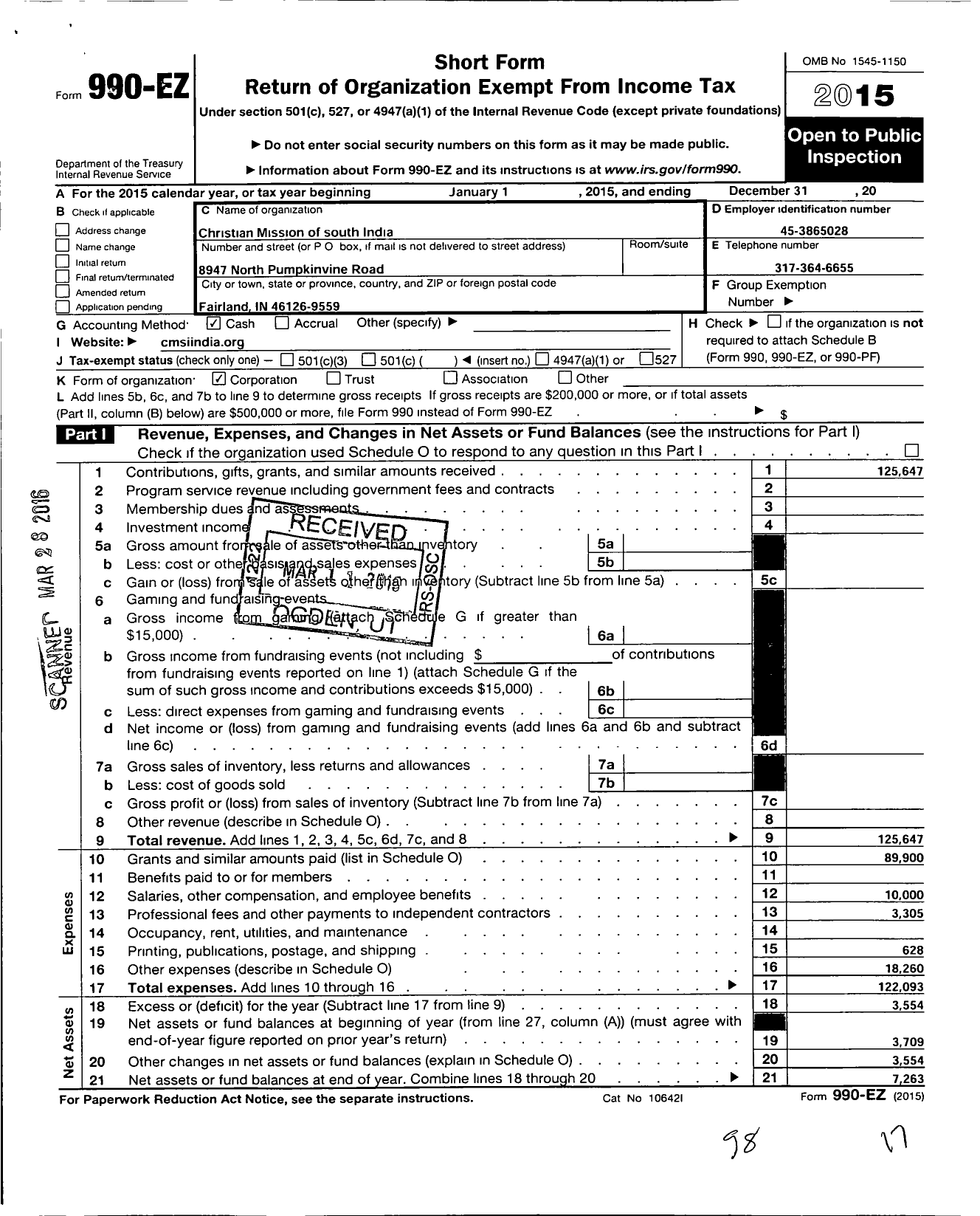 Image of first page of 2015 Form 990EO for Christian Mission of South India