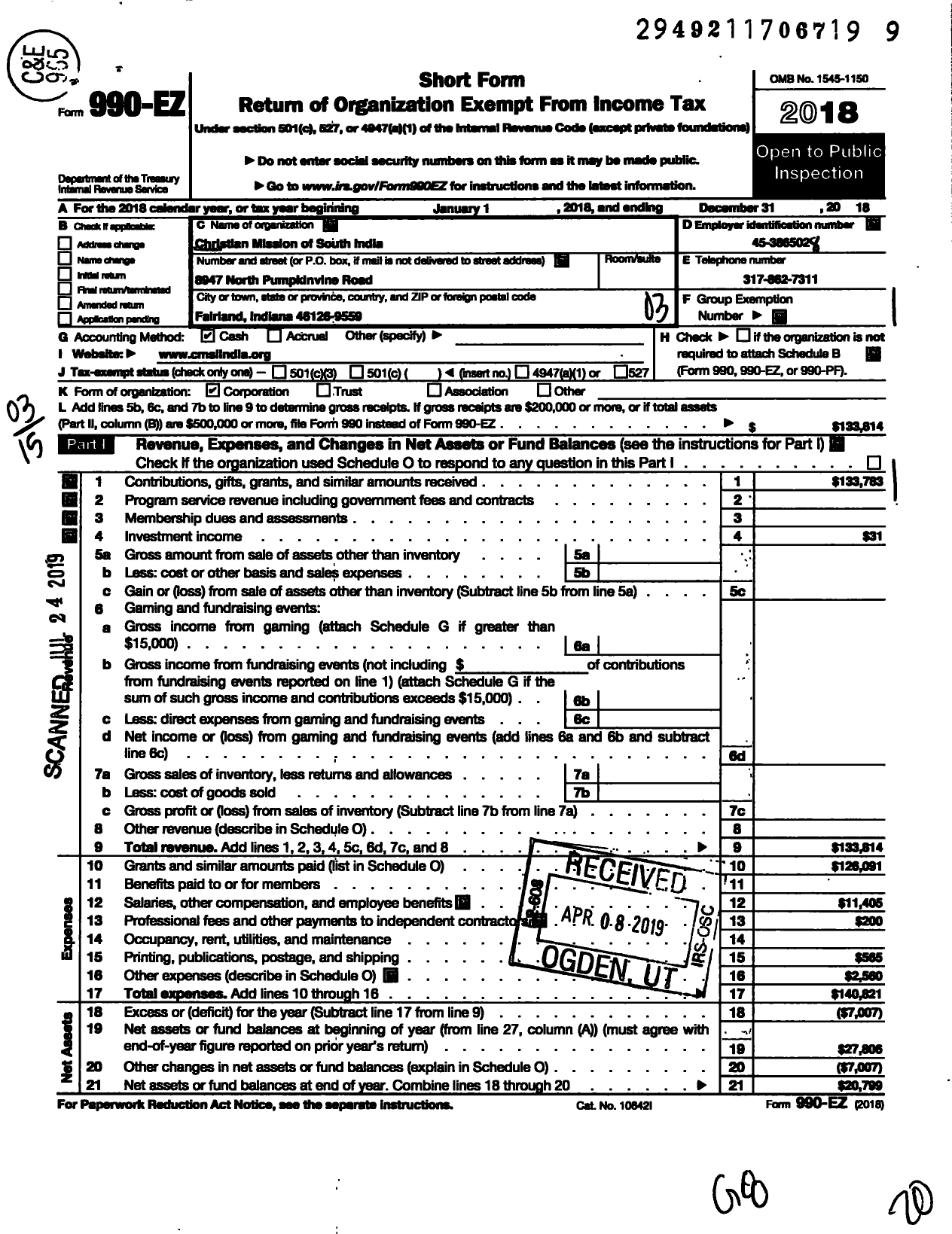 Image of first page of 2018 Form 990EZ for Christian Mission of South India