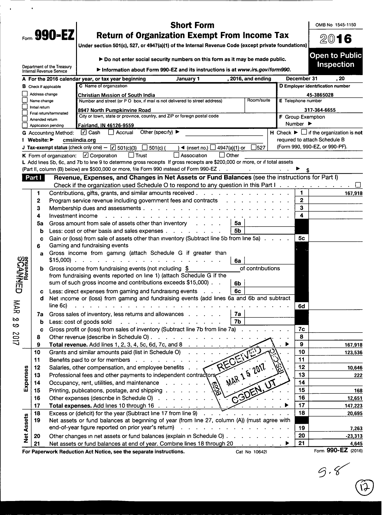 Image of first page of 2016 Form 990EZ for Christian Mission of South India