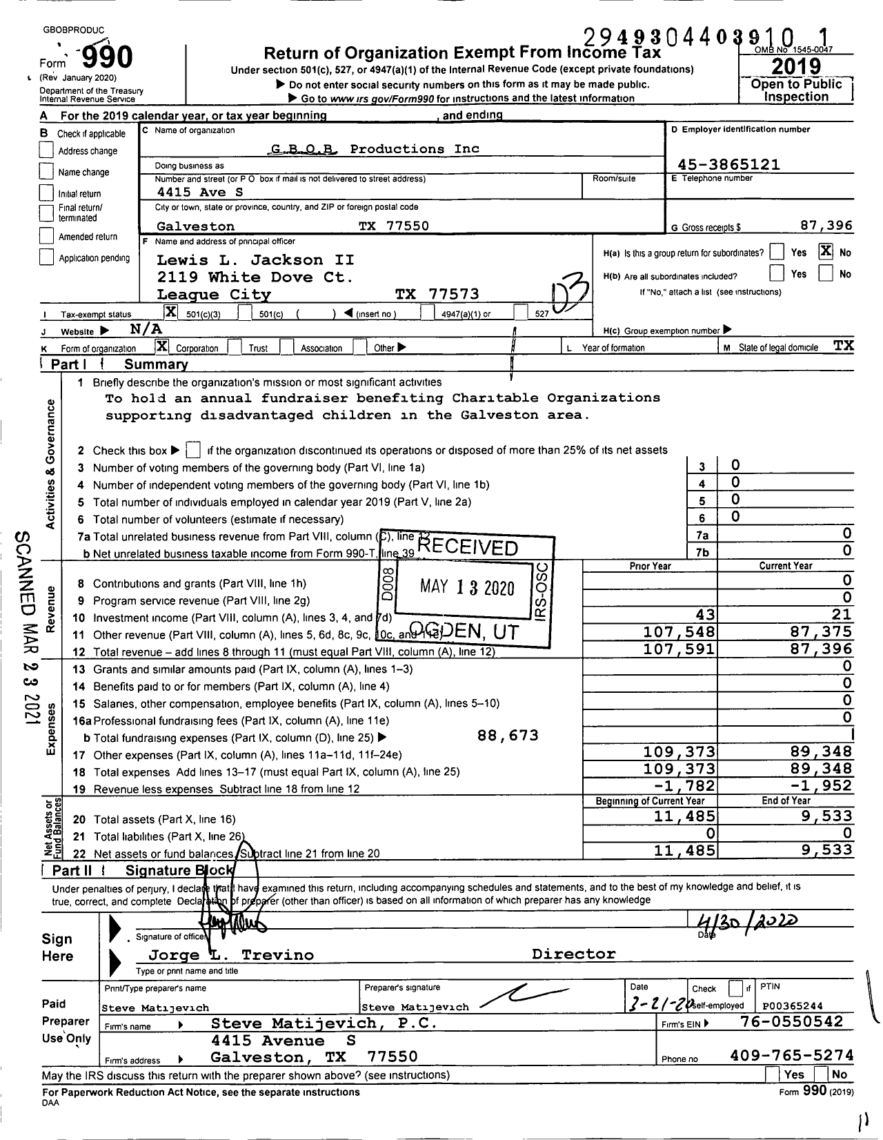 Image of first page of 2019 Form 990 for G B O B Productions